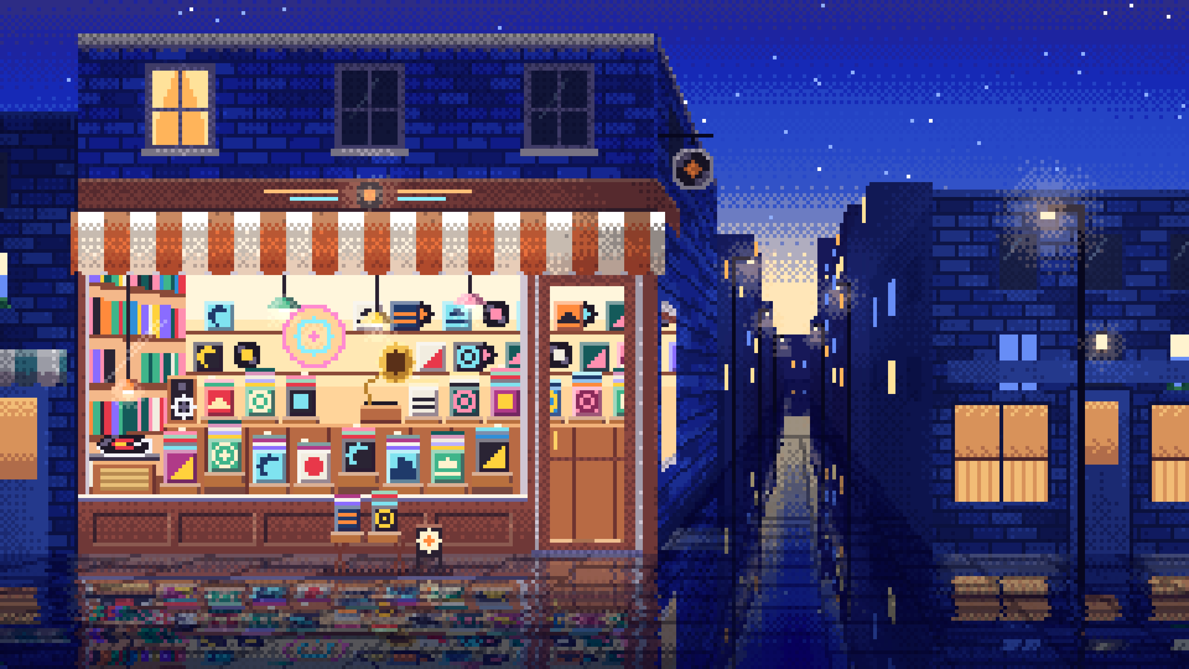 Royal Blue Pixel Art Vinyl Record Store desktop wallpaper in 4K