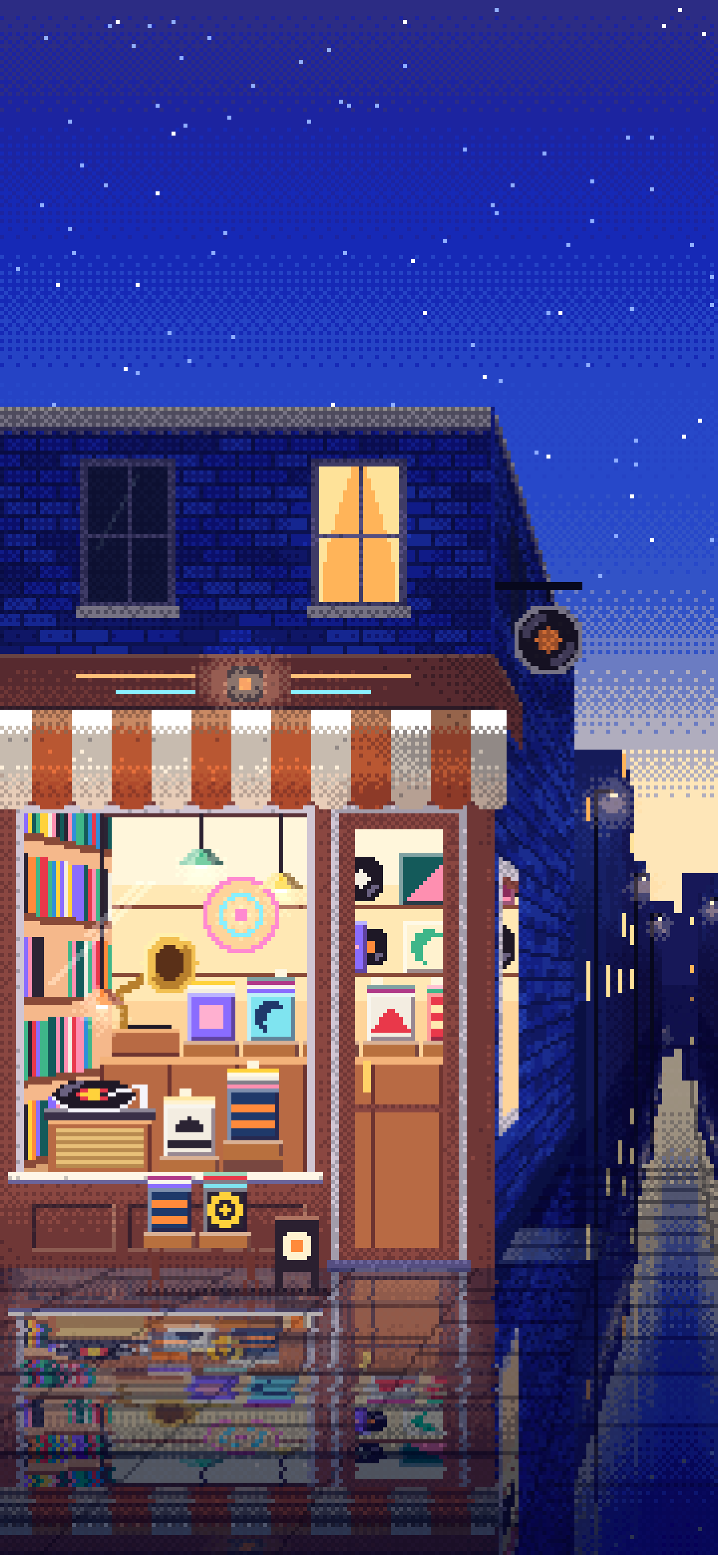 Royal Blue Pixel Art Vinyl Record Store wallpaper for iPhone and Android