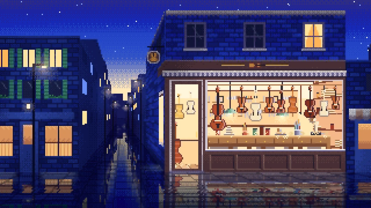 Royal Blue Pixel Art Violin Workshop desktop wallpaper in 4K