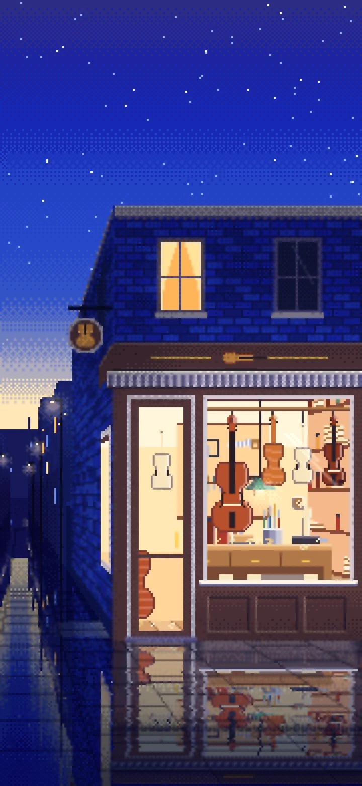 Royal Blue Pixel Art Violin Workshop wallpaper for iPhone and Android
