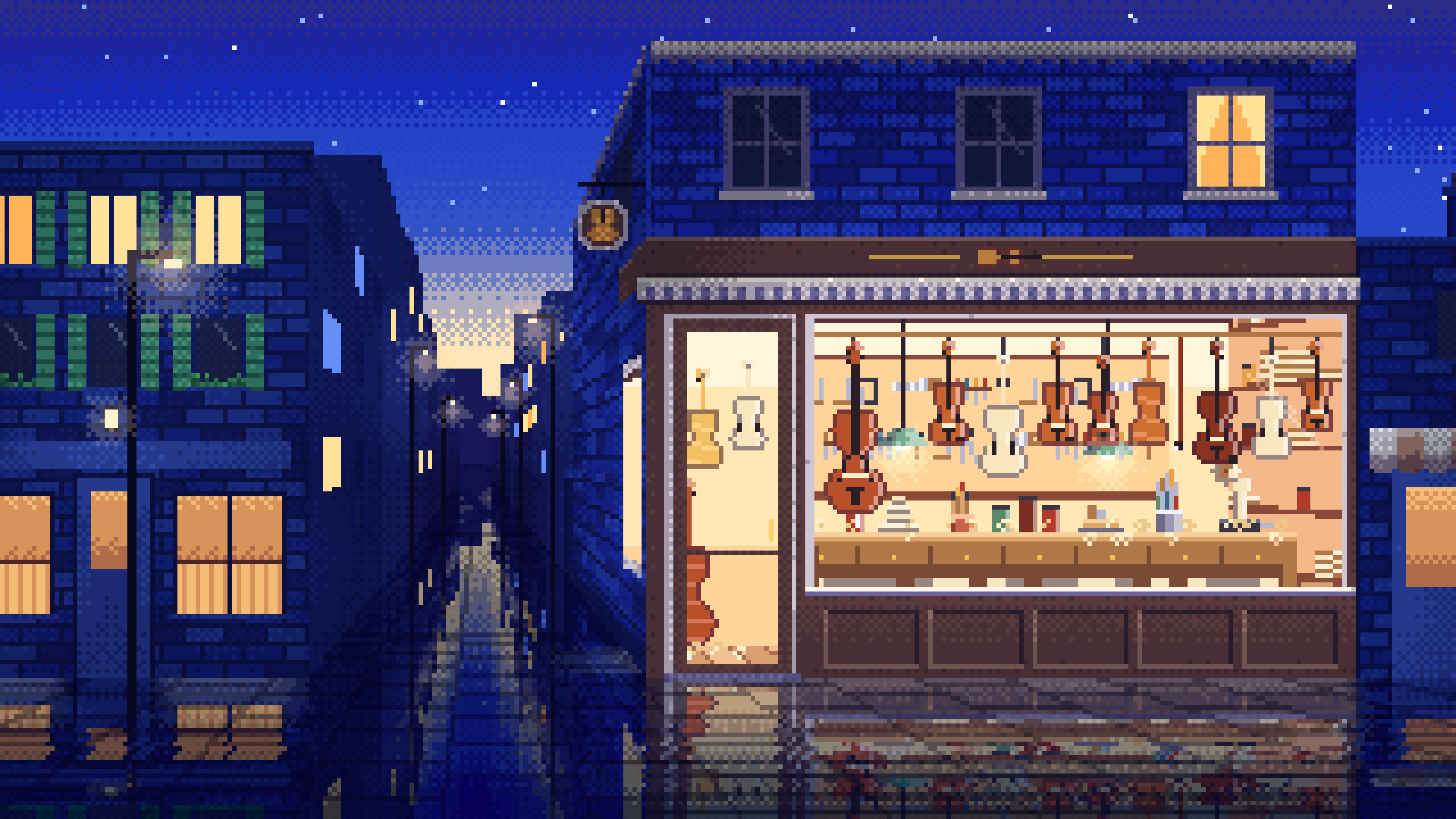 Royal Blue Pixel Art Violin Workshop desktop wallpaper in 4K