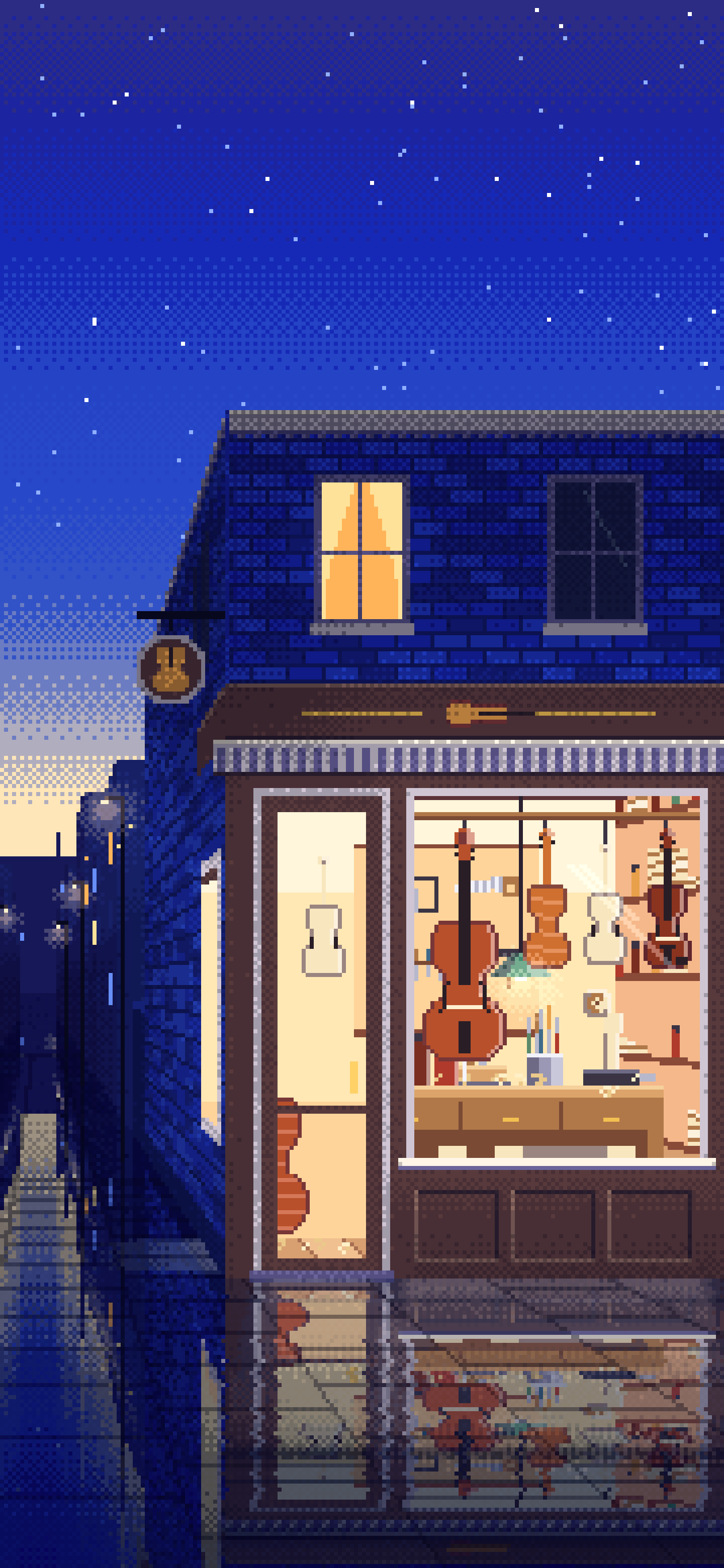 Royal Blue Pixel Art Violin Workshop wallpaper for iPhone and Android