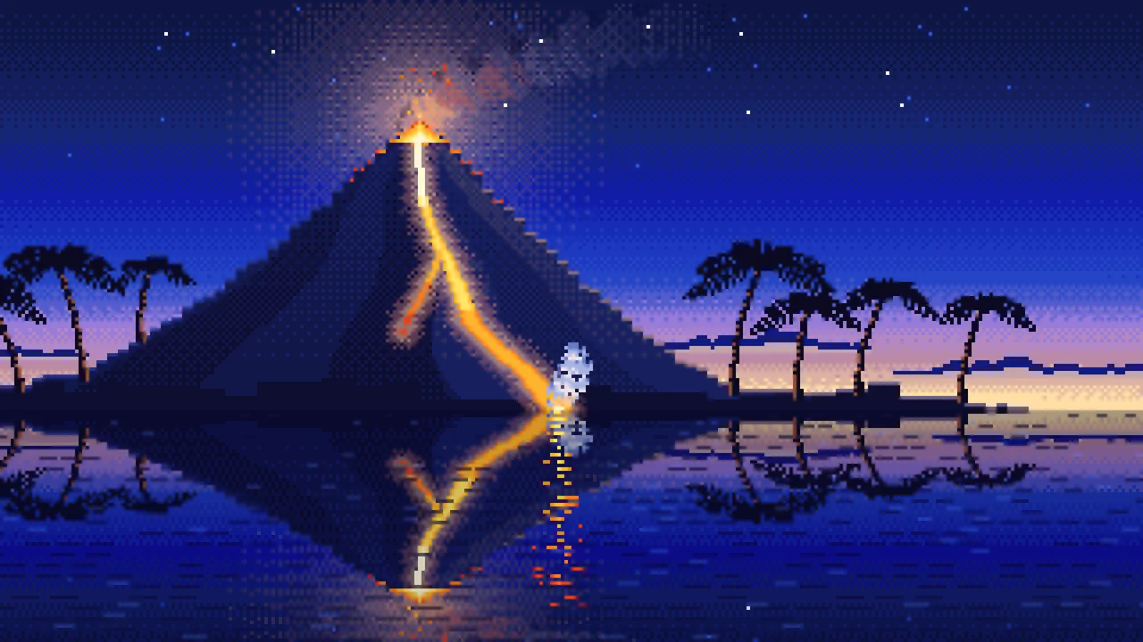 Royal Blue Pixel Art Volcano Island at Dusk desktop wallpaper in 4K