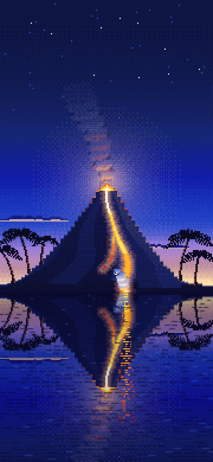 Royal Blue Pixel Art Volcano Island at Dusk wallpaper for iPhone and Android