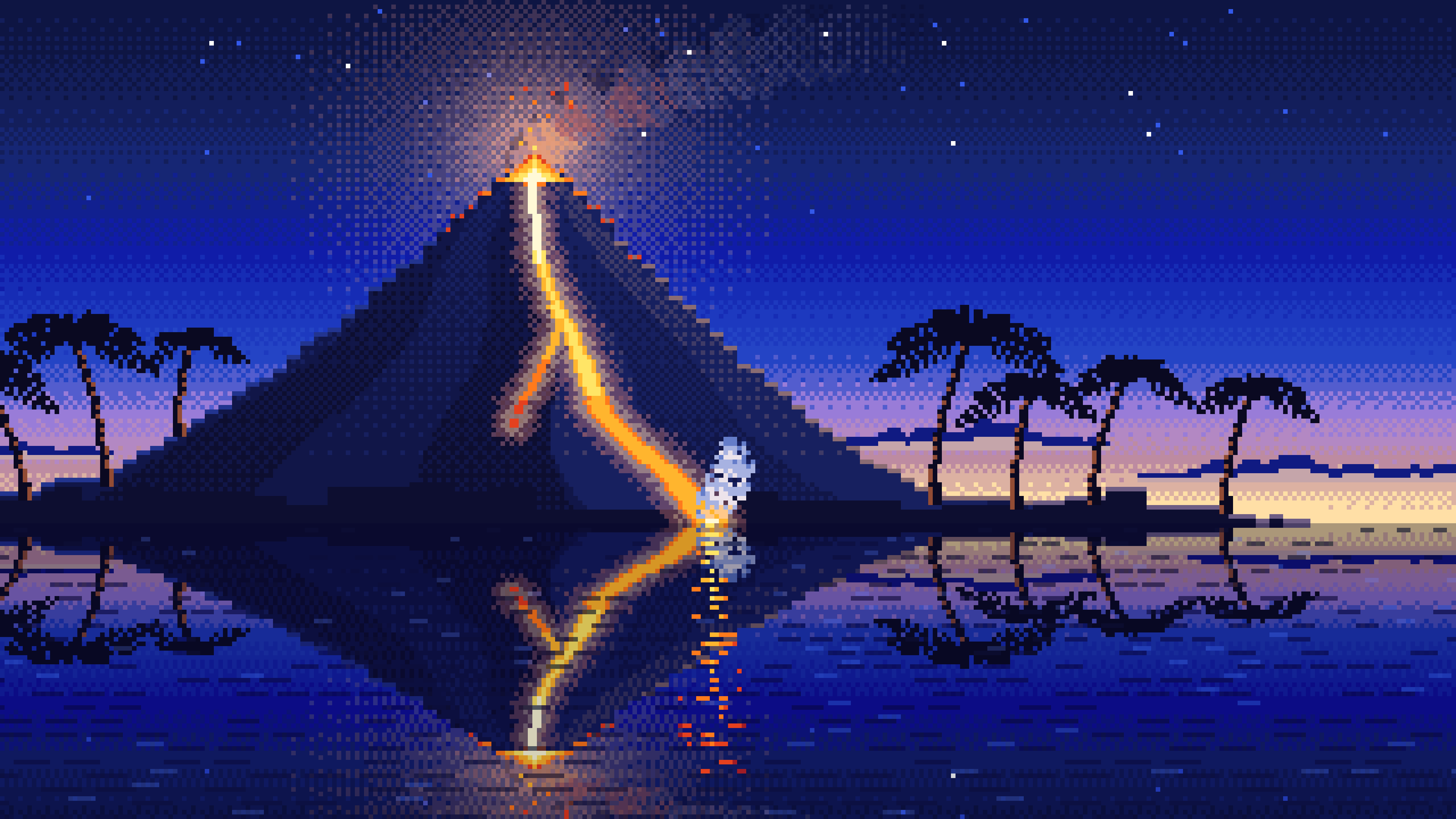 Royal Blue Pixel Art Volcano Island at Dusk desktop wallpaper in 4K