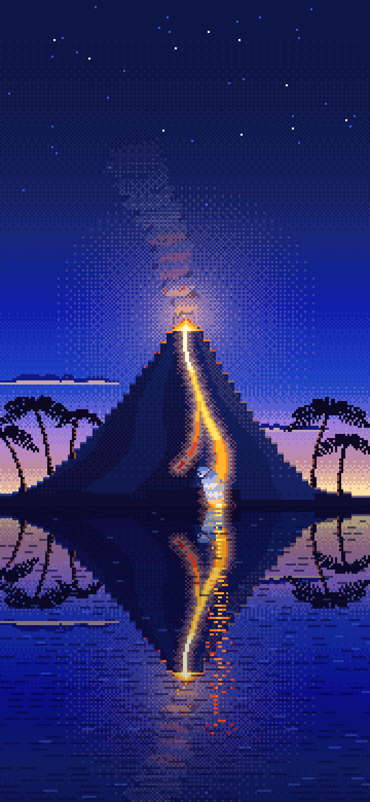 Royal Blue Pixel Art Volcano Island at Dusk wallpaper for iPhone and Android