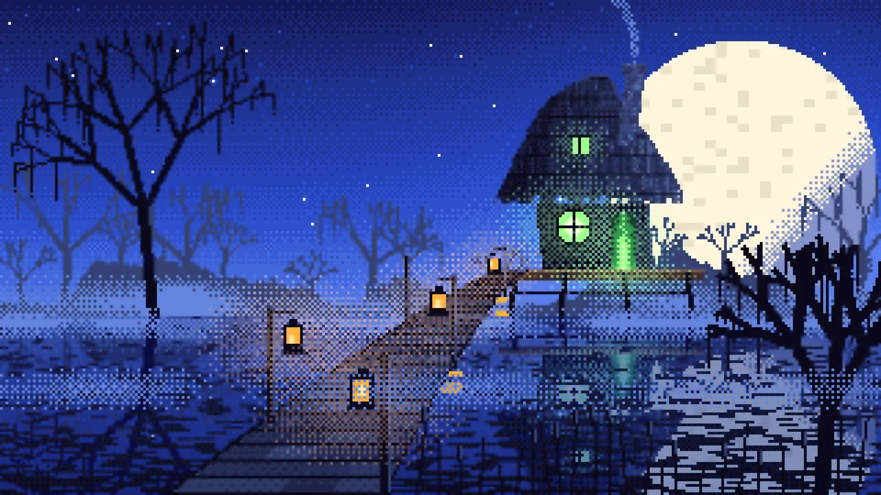 Royal Blue Pixel Art Witch Cottage in a Swamp desktop wallpaper in 4K