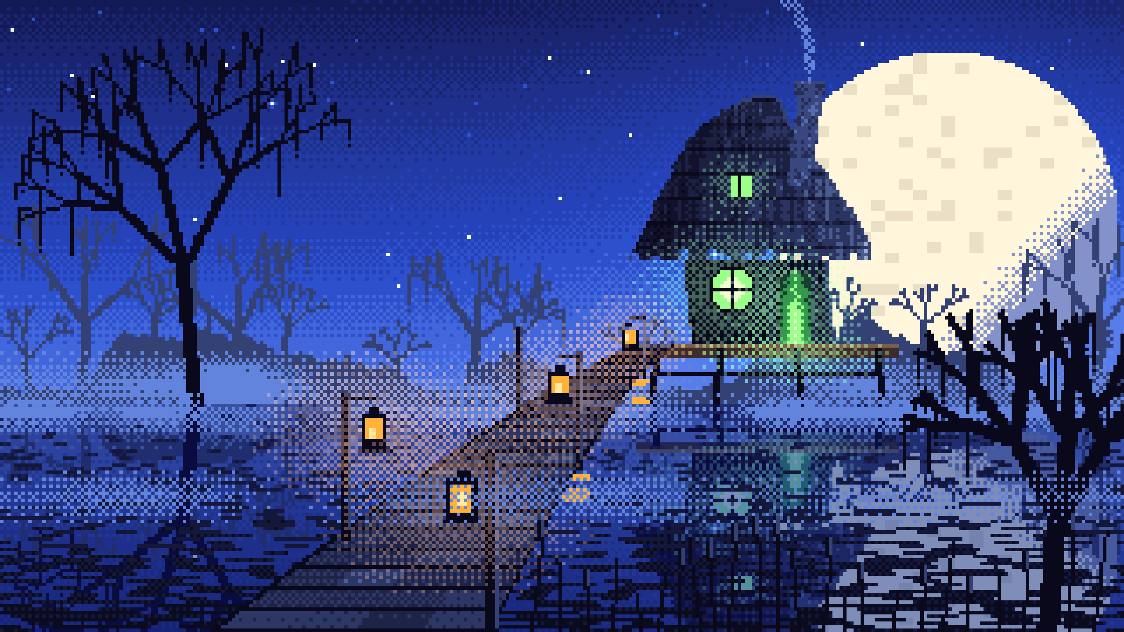 Royal Blue Pixel Art Witch Cottage in a Swamp desktop wallpaper in 4K