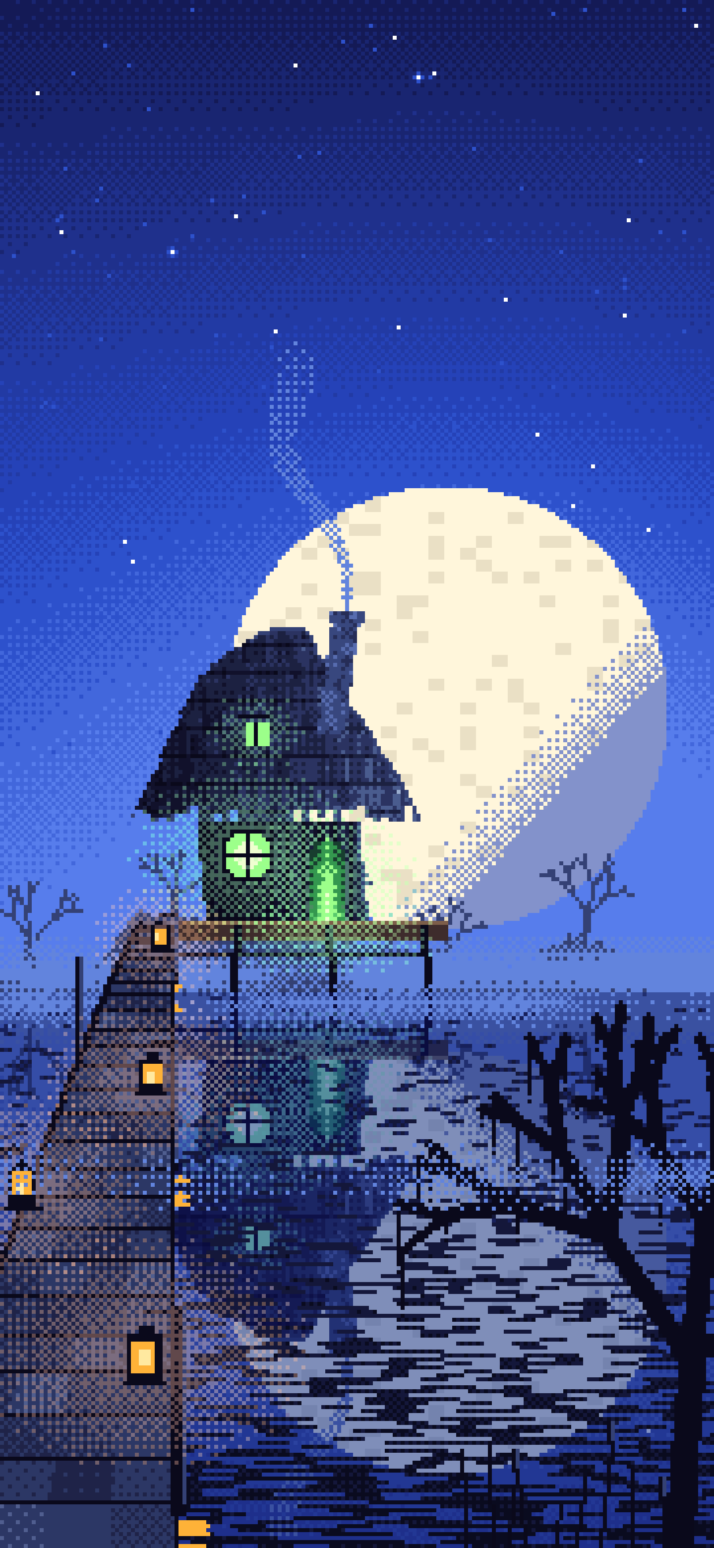 Royal Blue Pixel Art Witch Cottage in a Swamp wallpaper for iPhone and Android