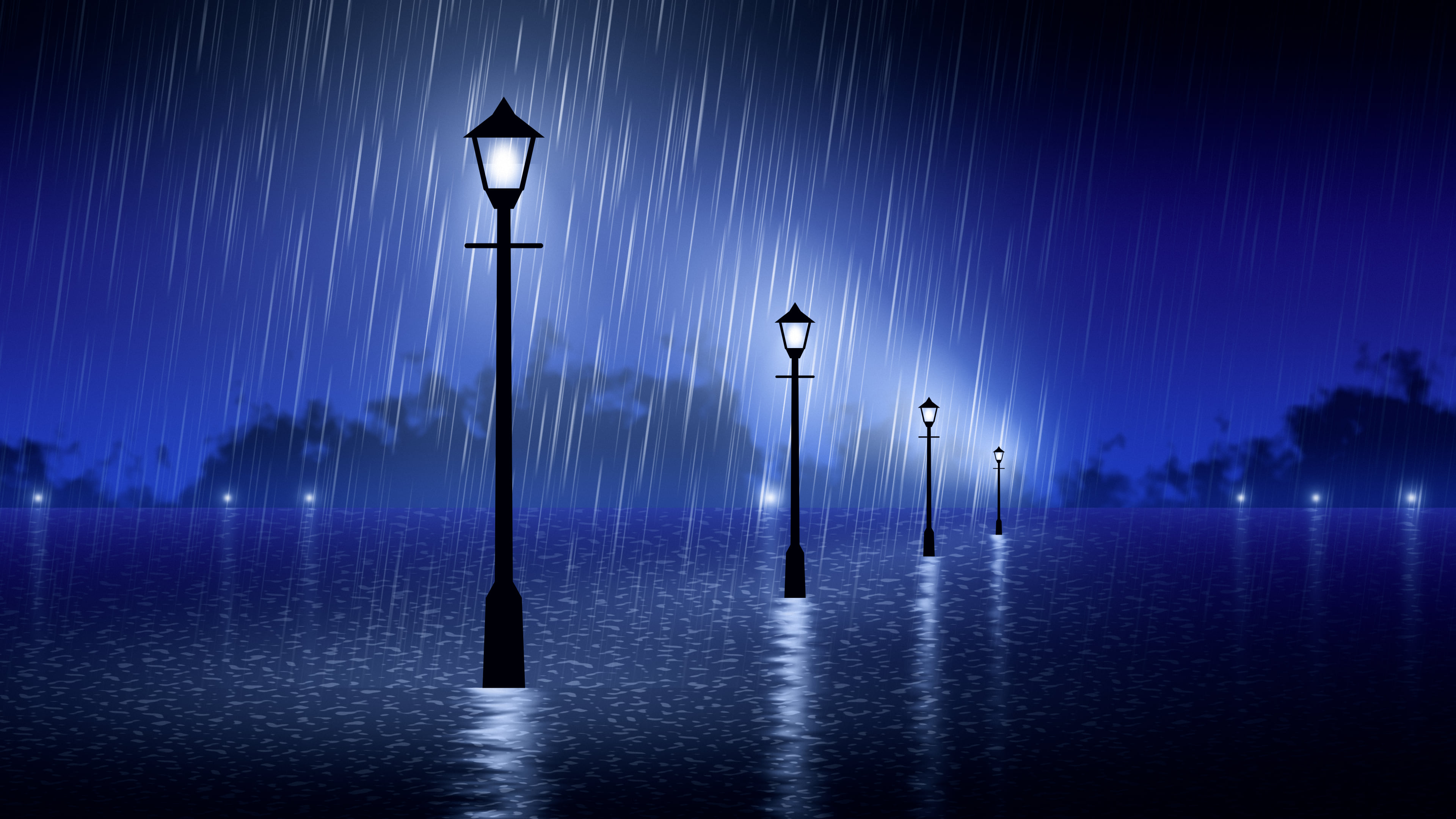 Royal Blue Rainy Street Lamp desktop wallpaper in 4K
