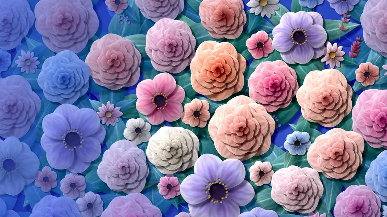 Royal Blue Rose and Peony Floral Pattern desktop wallpaper in 4K