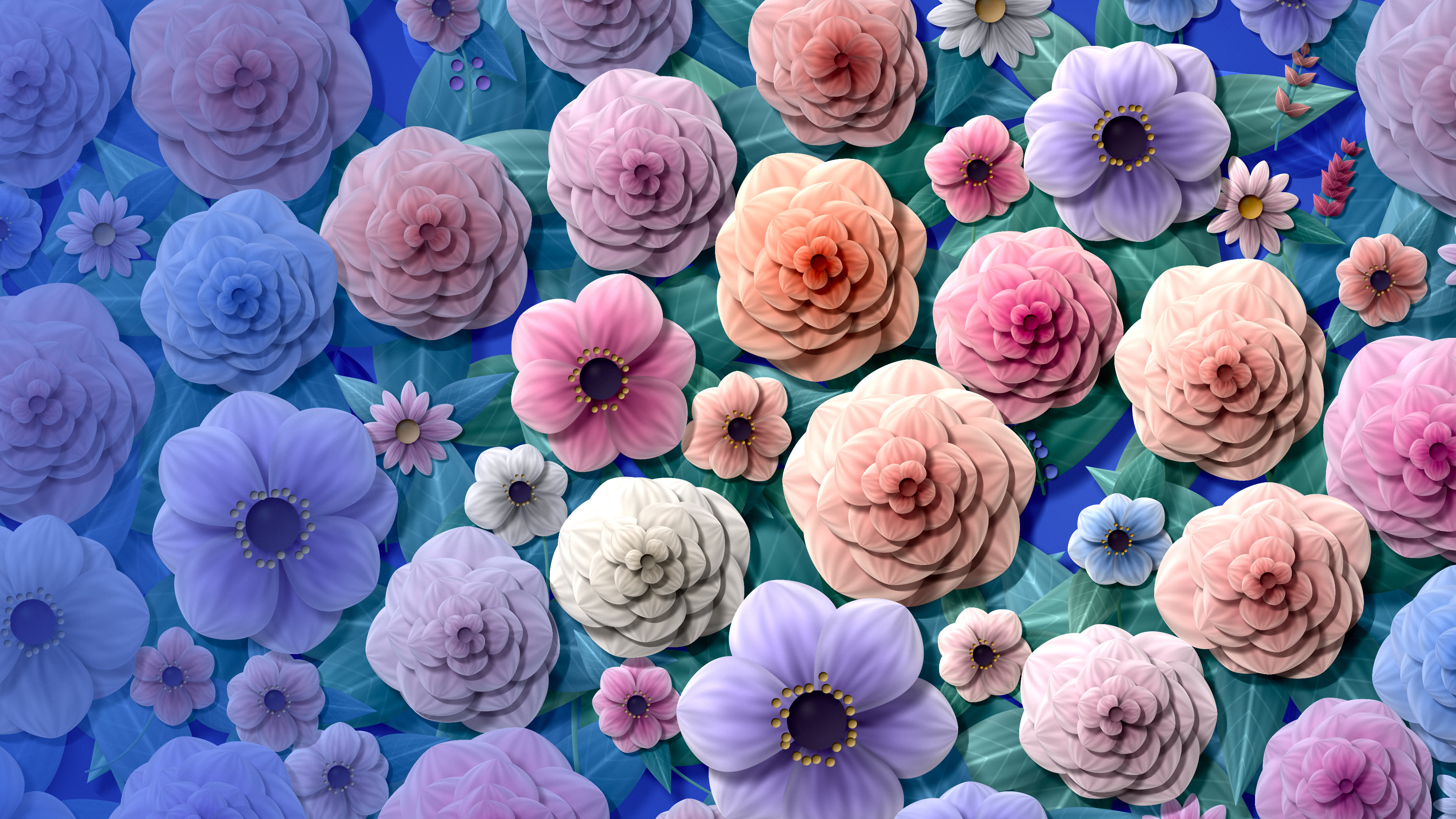 Royal Blue Rose and Peony Floral Pattern desktop wallpaper in 4K