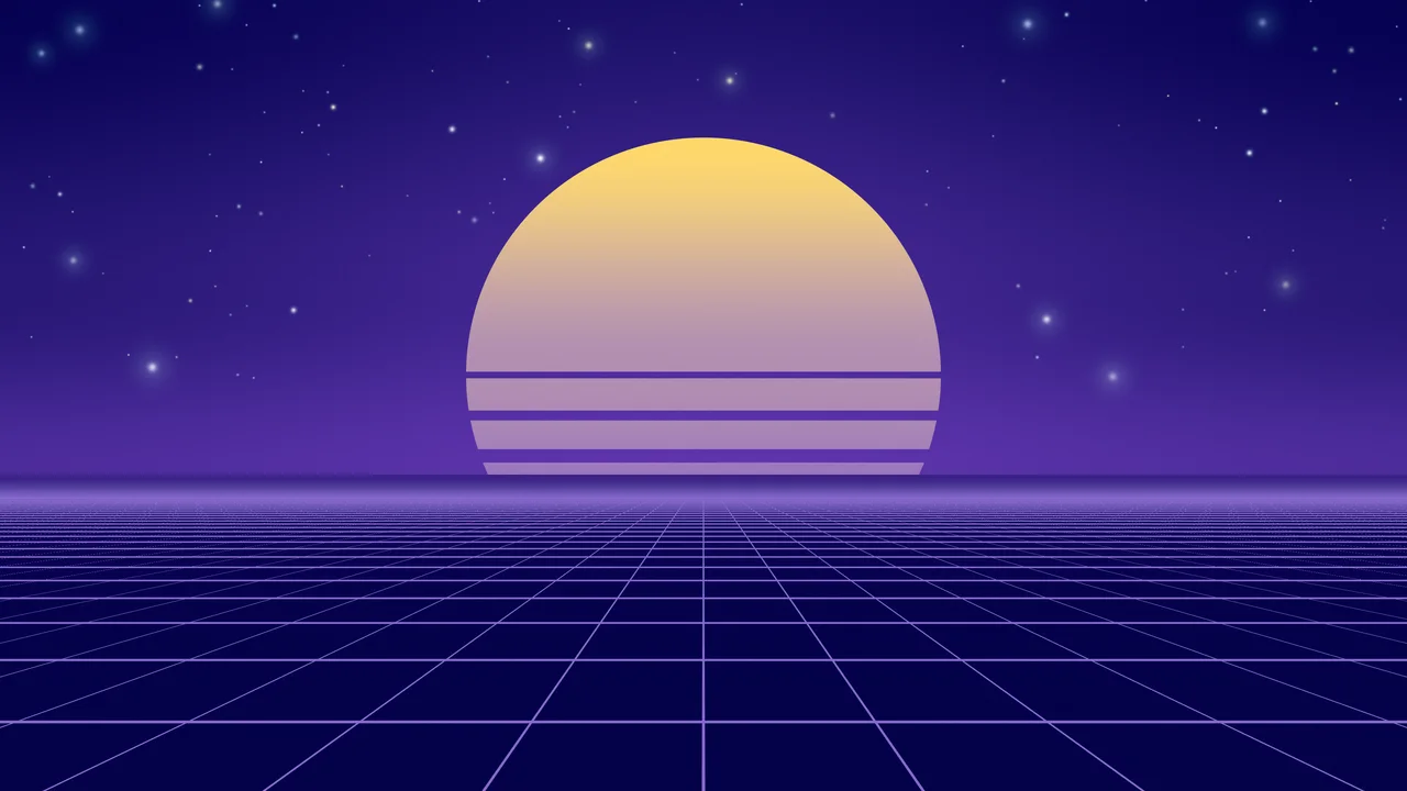 Royal Blue Synthwave Grid Sunset desktop wallpaper in 4K