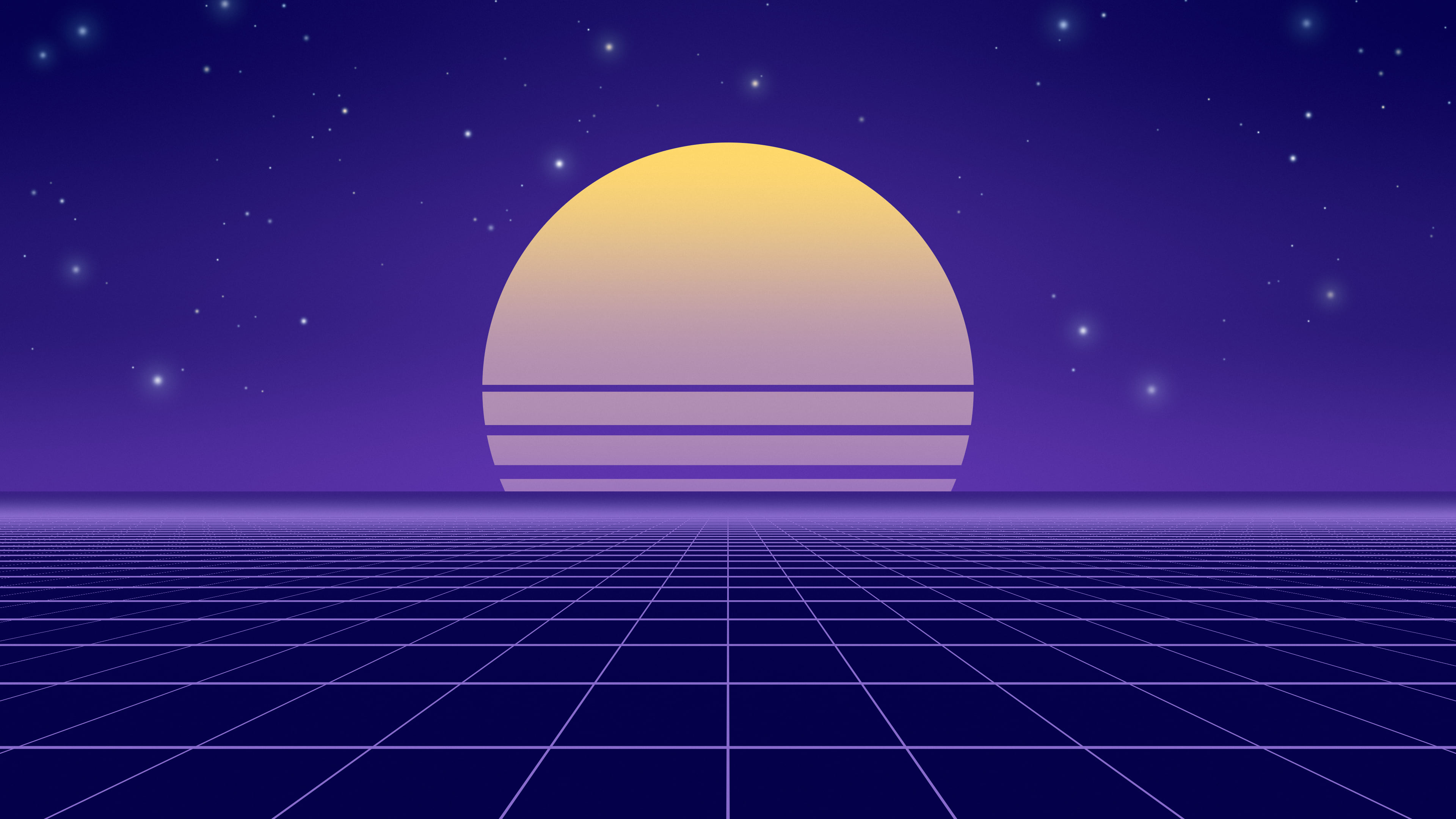 Royal Blue Synthwave Grid Sunset desktop wallpaper in 4K