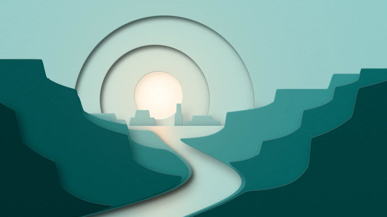 Teal 3D Paper Cut Canyon at Sunset desktop wallpaper in 4K