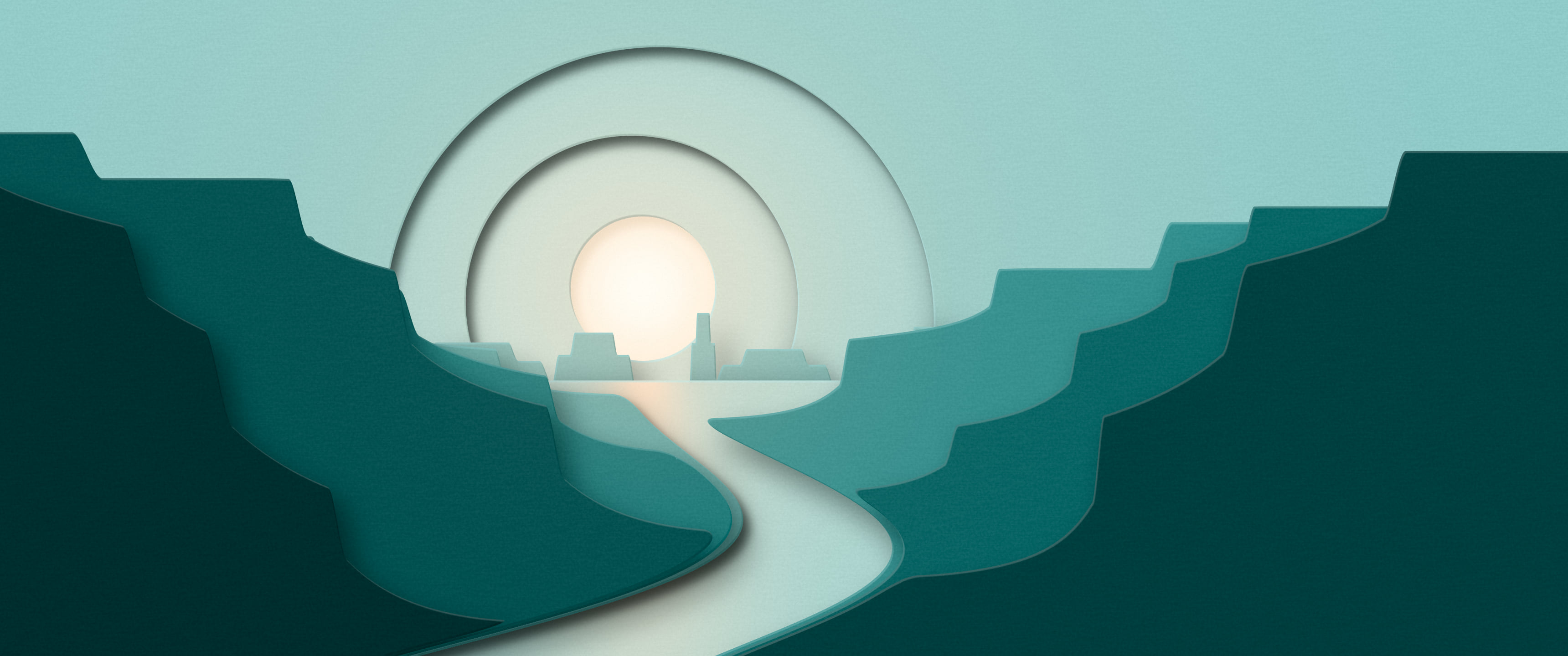 Teal 3D Paper Cut Canyon at Sunset ultrawide wallpaper, 3440 × 1440
