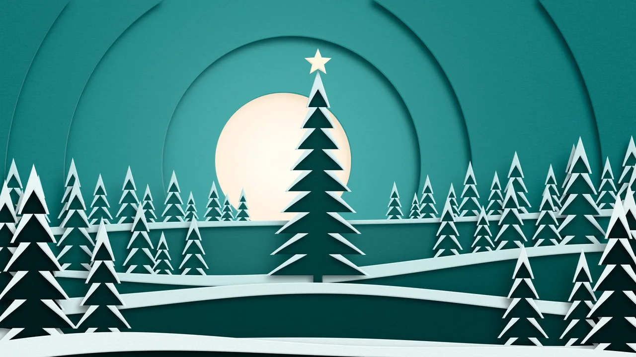 Teal 3D Paper Cut Christmas Tree Forest desktop wallpaper in 4K