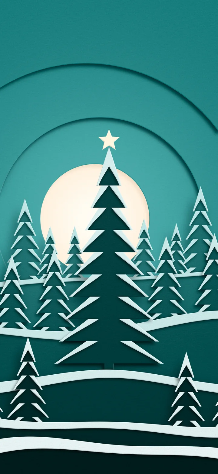 Teal 3D Paper Cut Christmas Tree Forest wallpaper for iPhone and Android