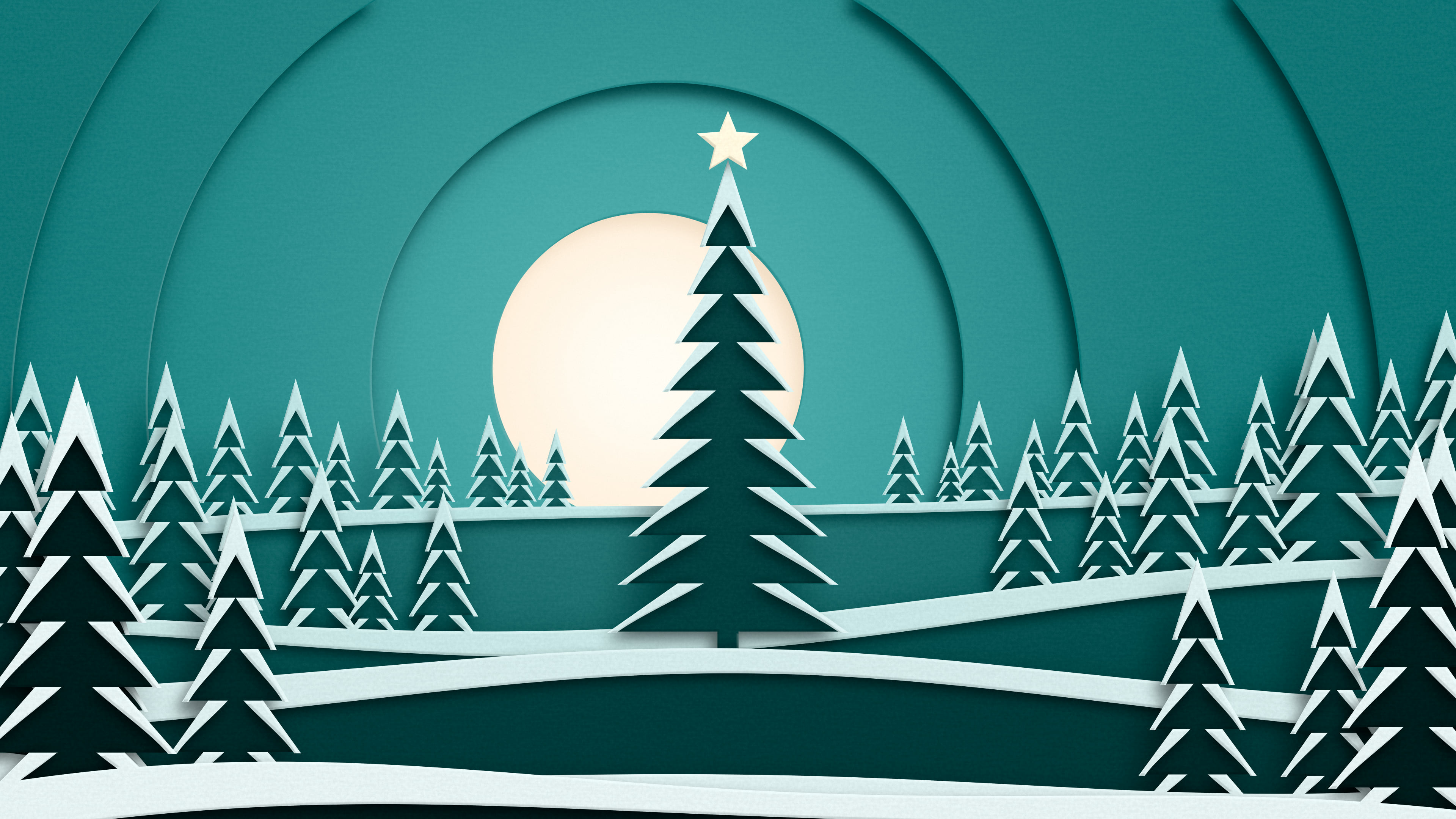Teal 3D Paper Cut Christmas Tree Forest desktop wallpaper in 4K