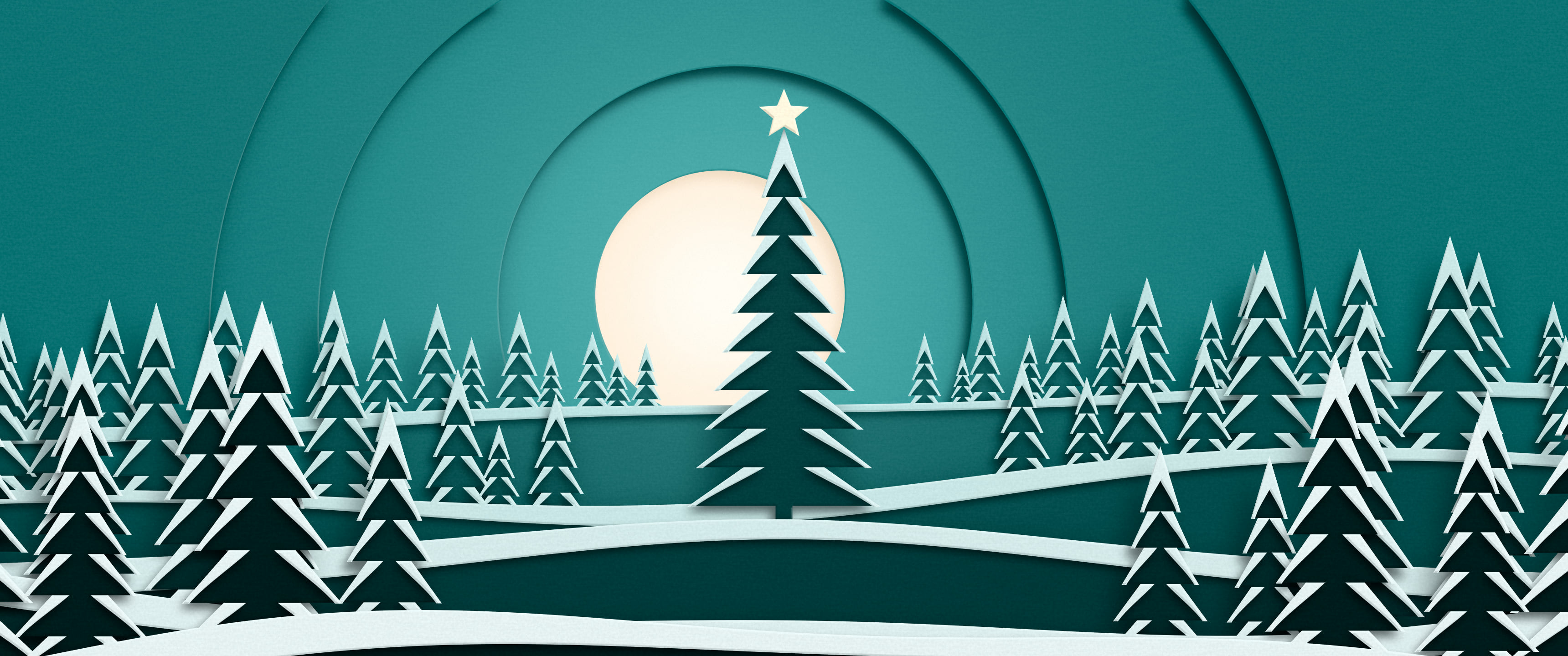 Teal 3D Paper Cut Christmas Tree Forest ultrawide wallpaper, 3440 × 1440
