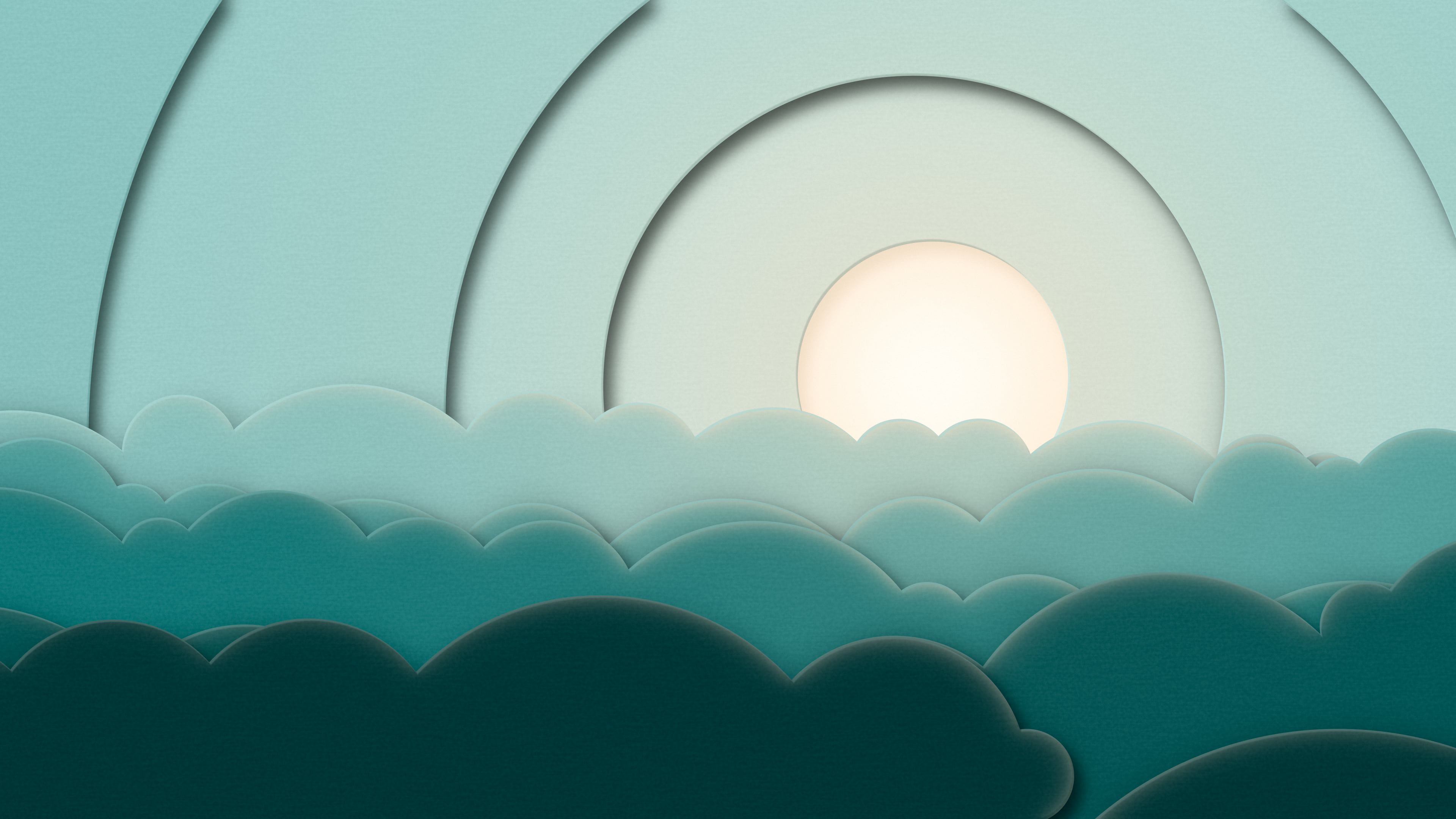 Teal 3D Paper Cut Clouds desktop wallpaper in 4K