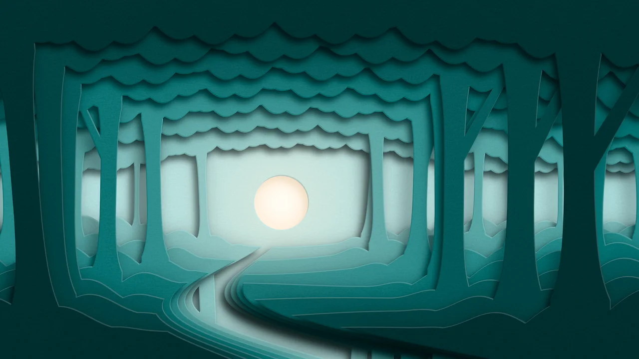 Teal 3D Paper Cut Forest desktop wallpaper in 4K