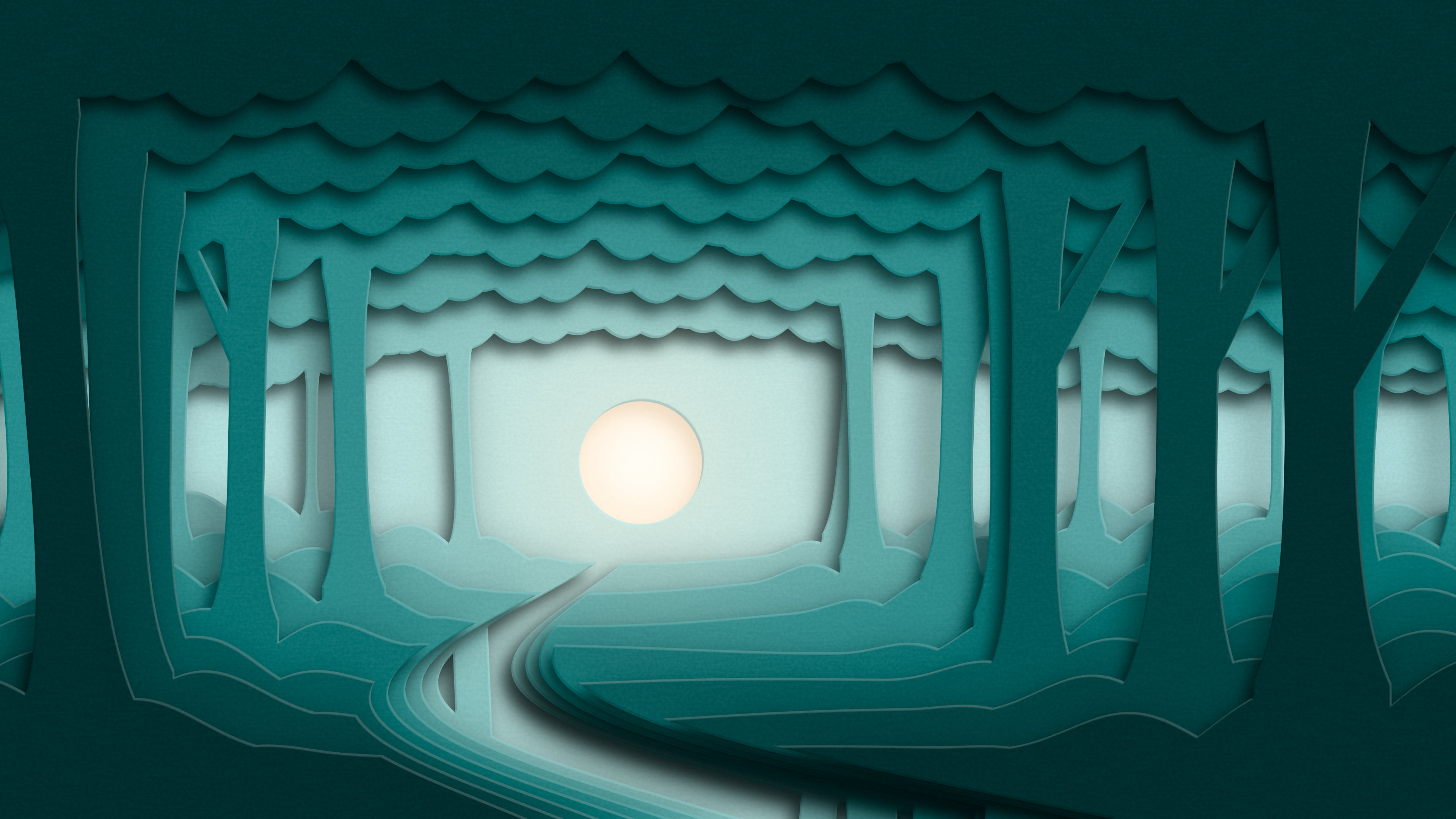 Teal 3D Paper Cut Forest desktop wallpaper in 4K