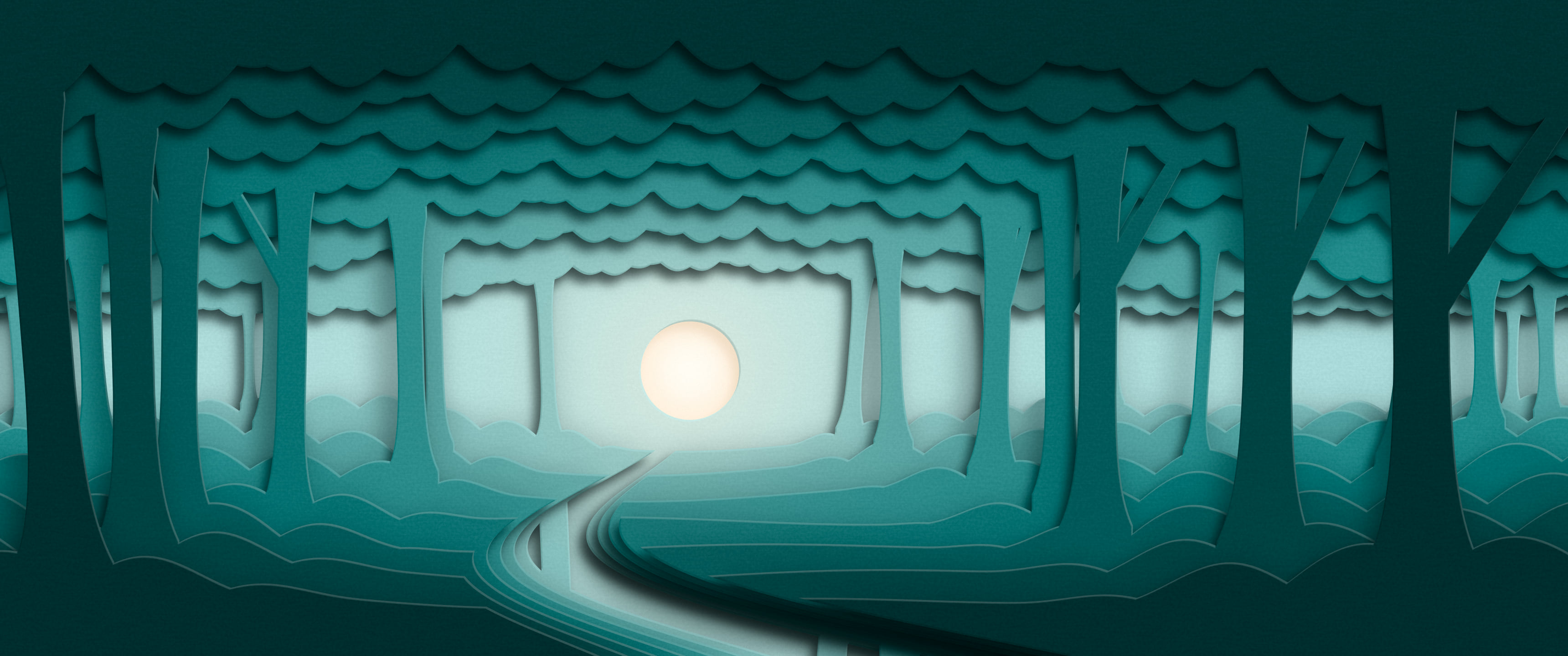 Teal 3D Paper Cut Forest ultrawide wallpaper, 3440 × 1440