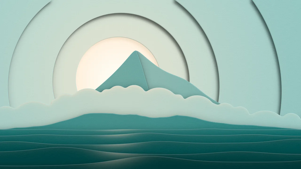 Teal 3D Paper Cut Island desktop wallpaper in 4K