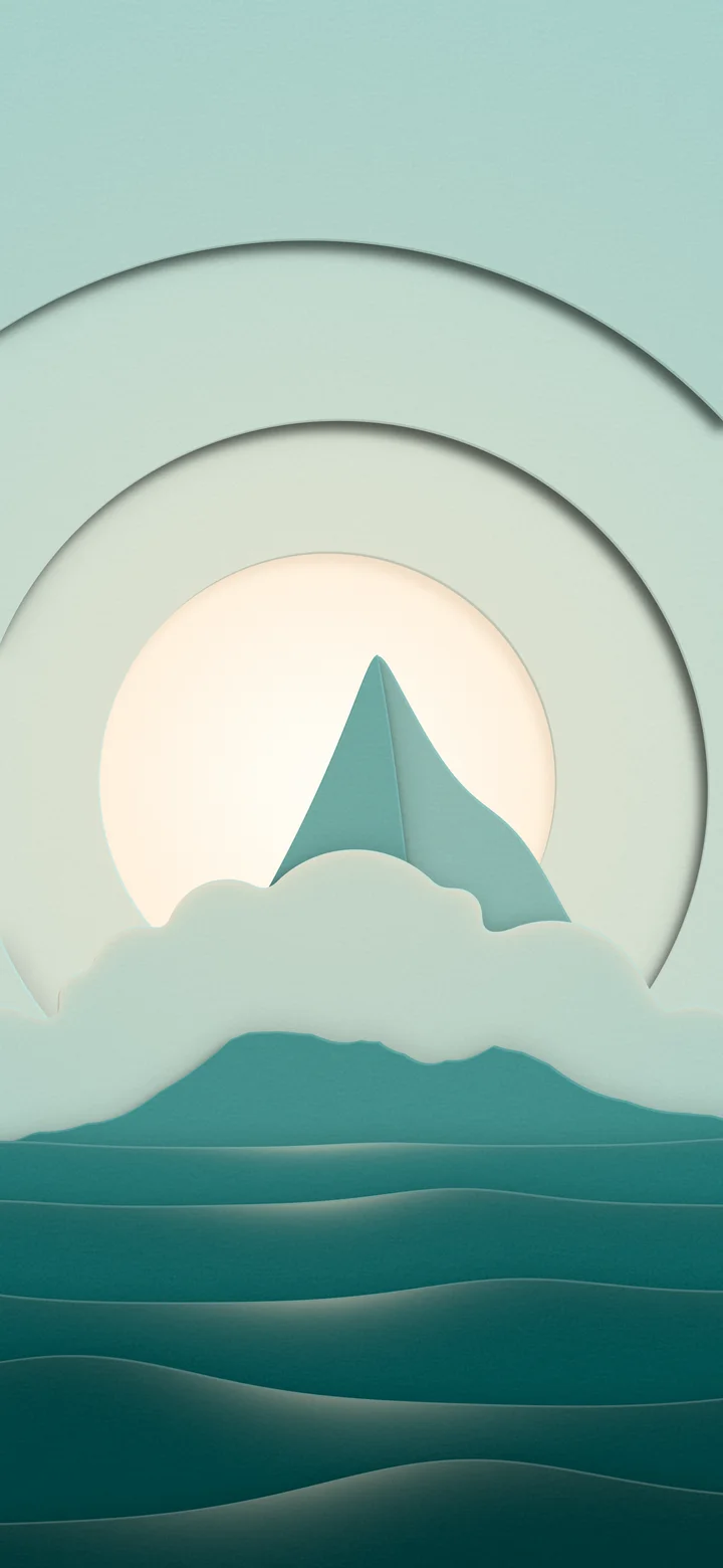 Teal 3D Paper Cut Island wallpaper for iPhone and Android