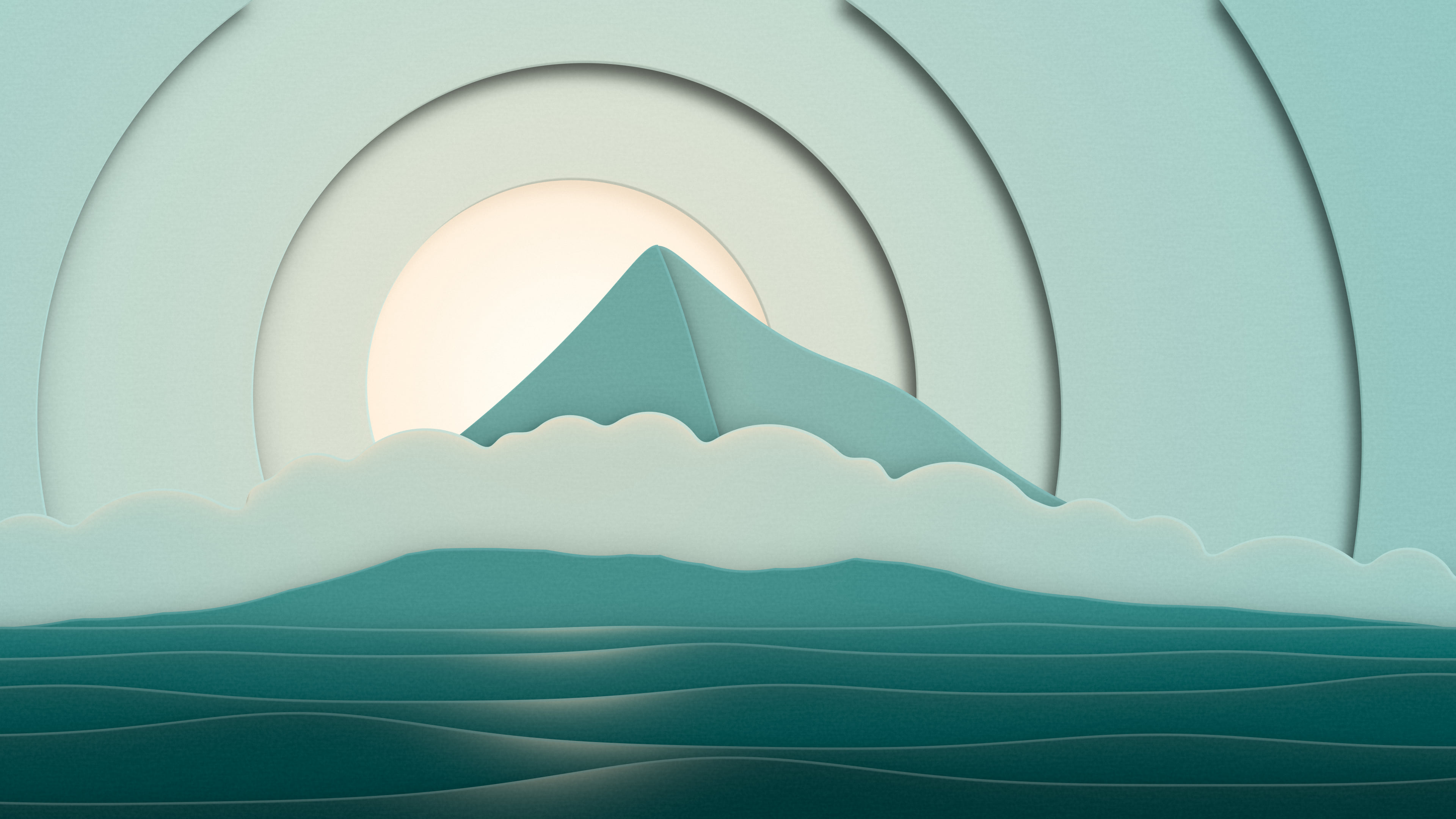 Teal 3D Paper Cut Island desktop wallpaper in 4K
