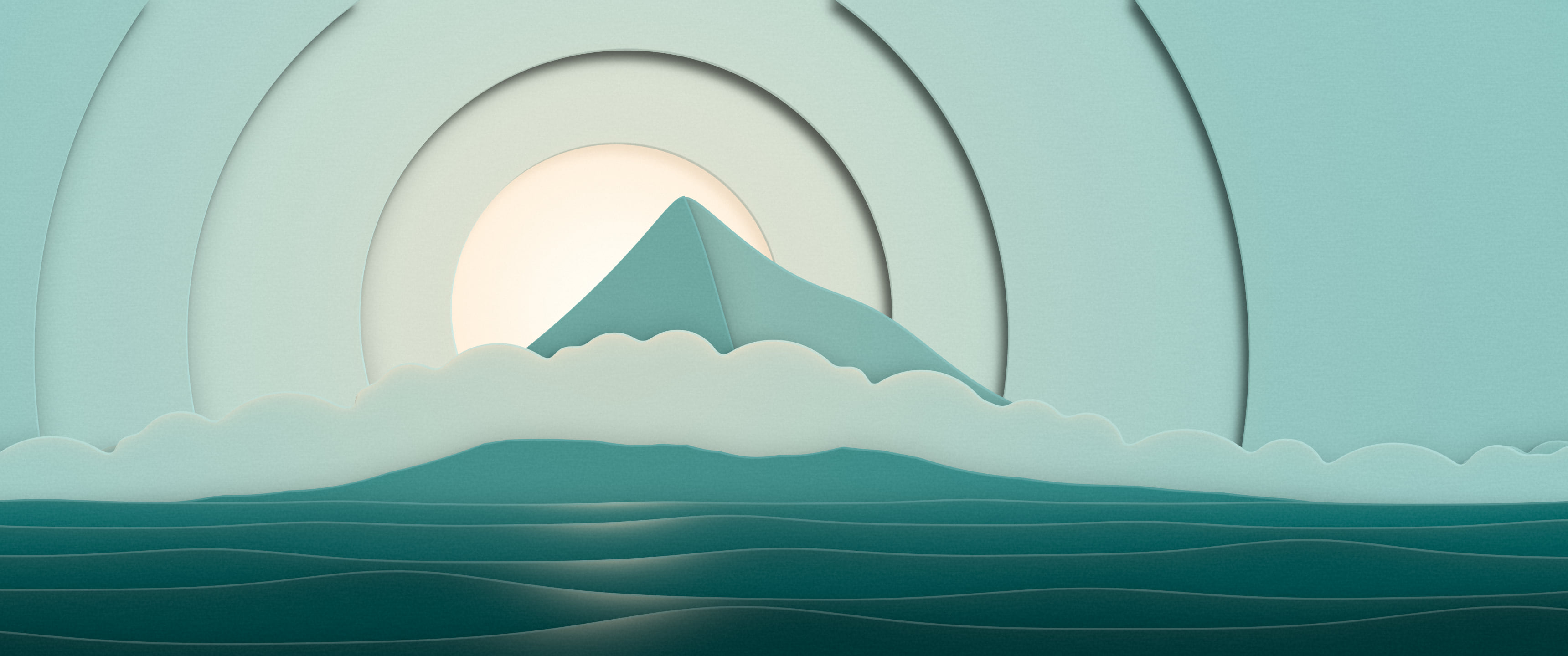 Teal 3D Paper Cut Island ultrawide wallpaper, 3440 × 1440