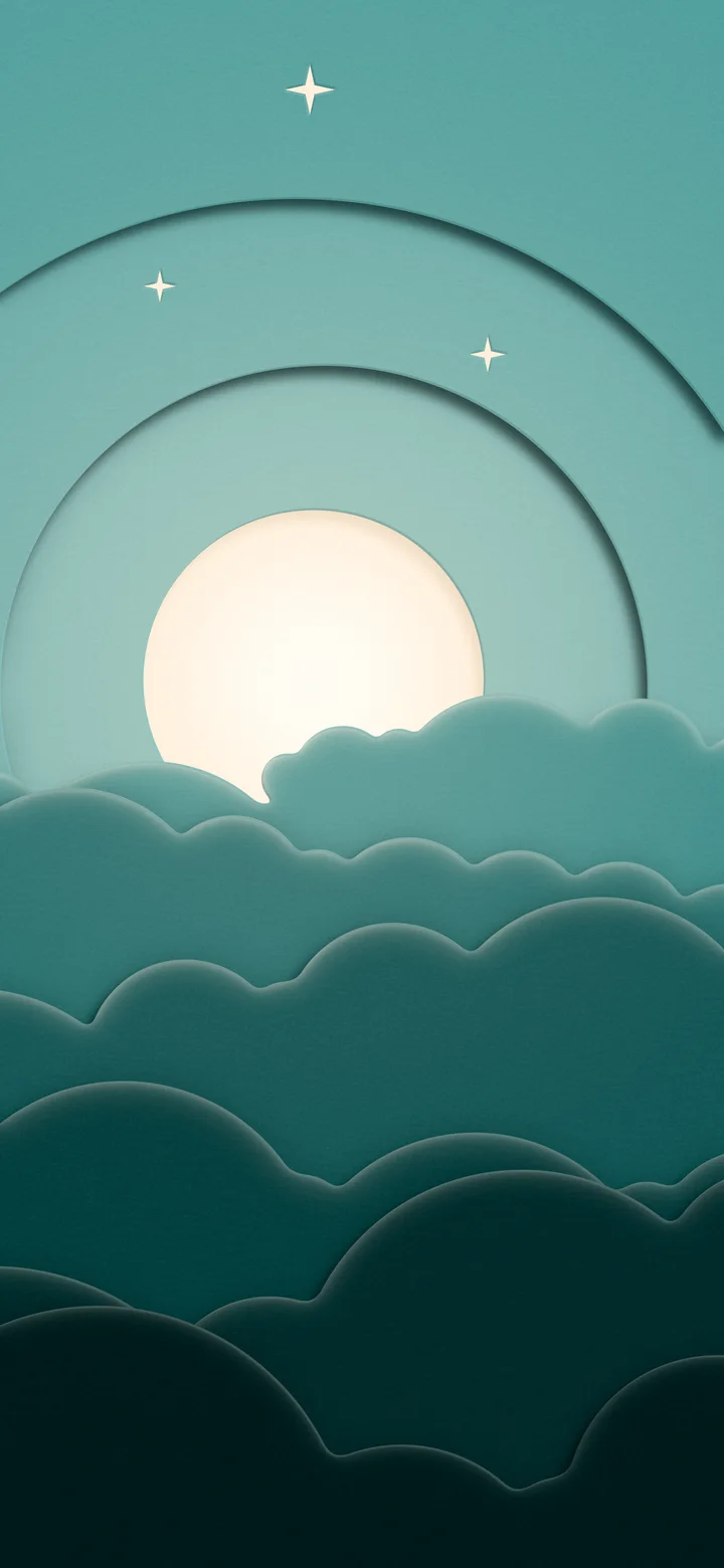 Teal 3D Paper Cut Moon and Clouds wallpaper for iPhone and Android