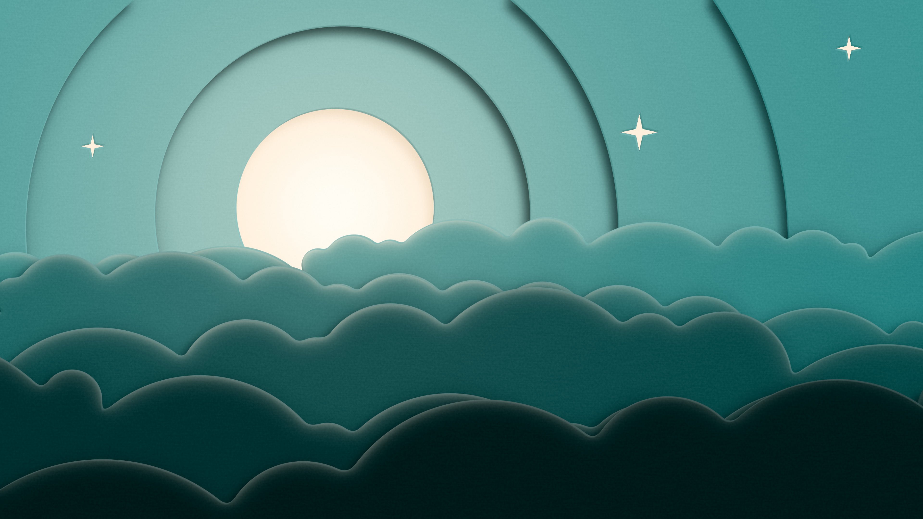 Teal 3D Paper Cut Moon and Clouds desktop wallpaper in 4K
