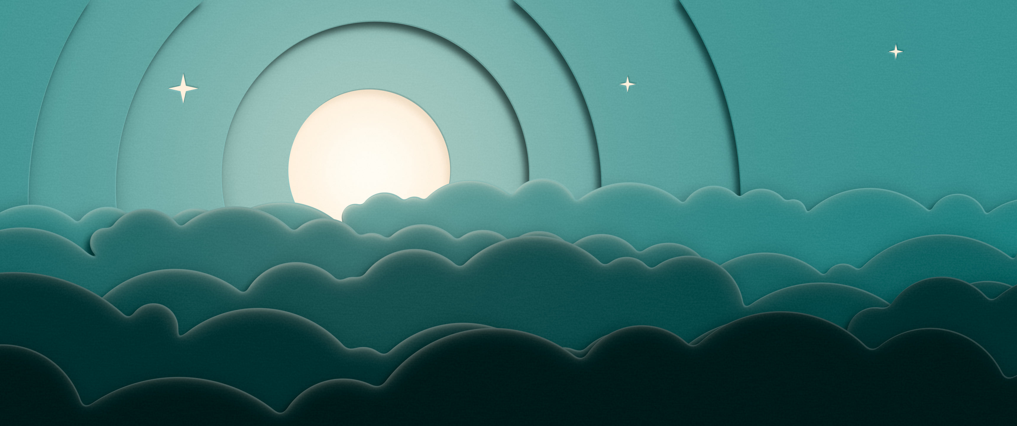 Teal 3D Paper Cut Moon and Clouds ultrawide wallpaper, 3440 × 1440