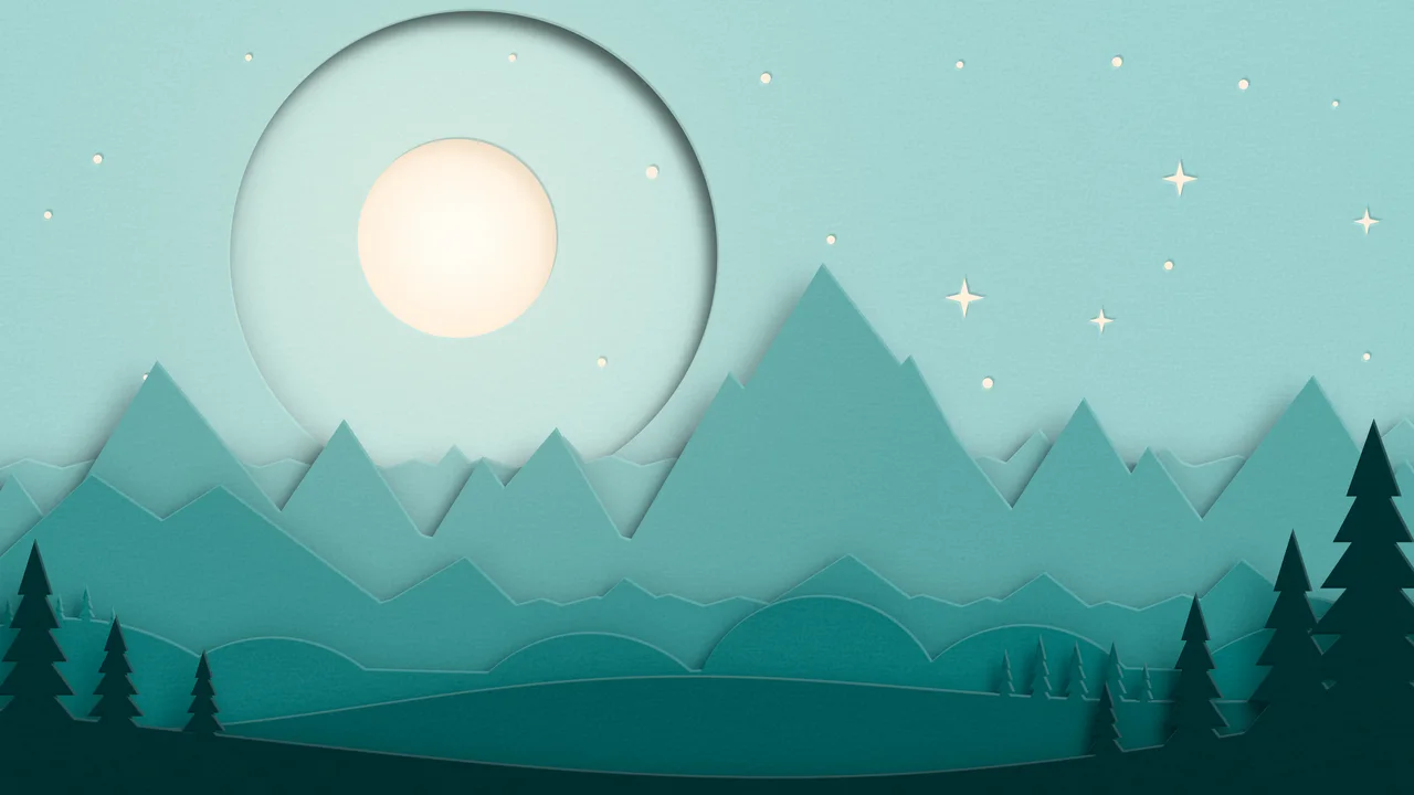 Teal 3D Paper Cut Mountains and Moon desktop wallpaper in 4K