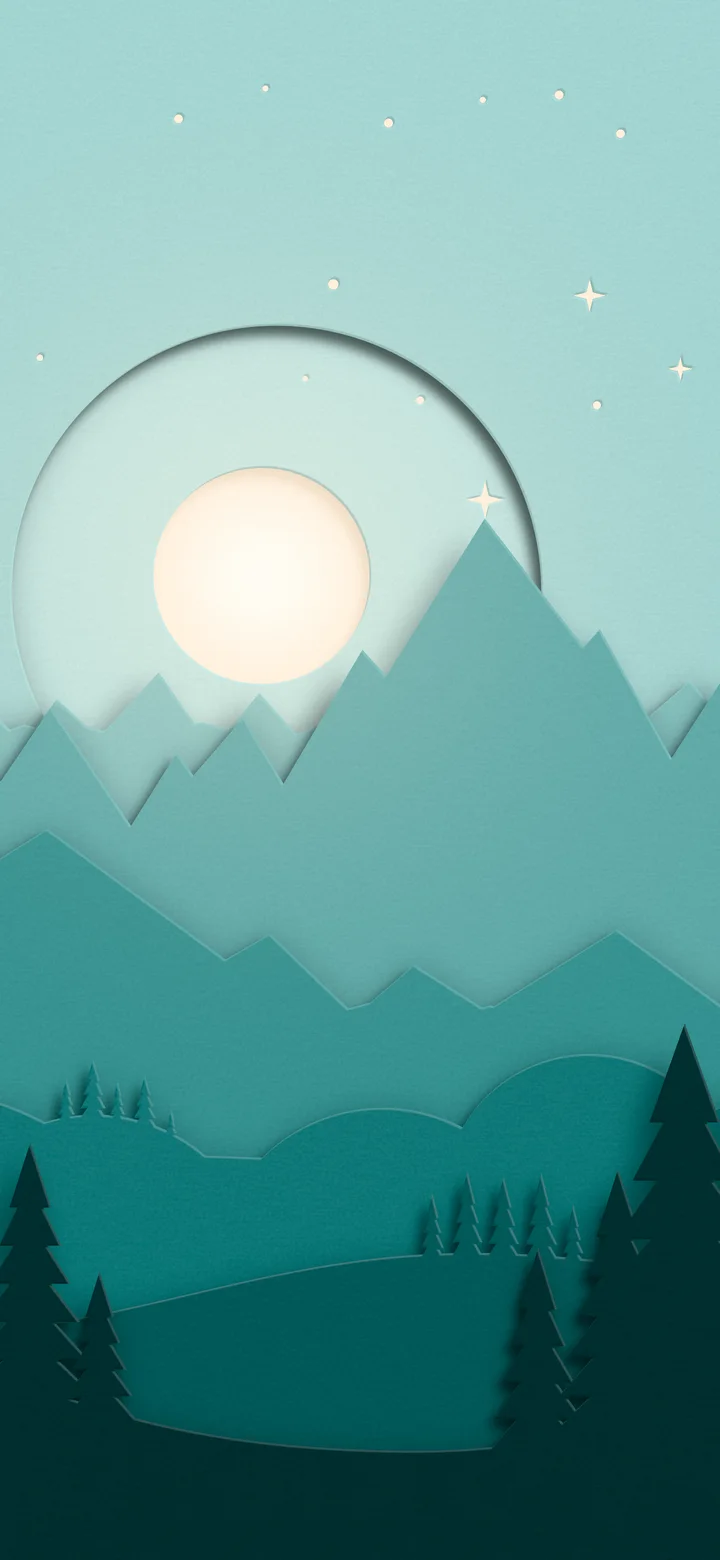 Teal 3D Paper Cut Mountains and Moon wallpaper for iPhone and Android