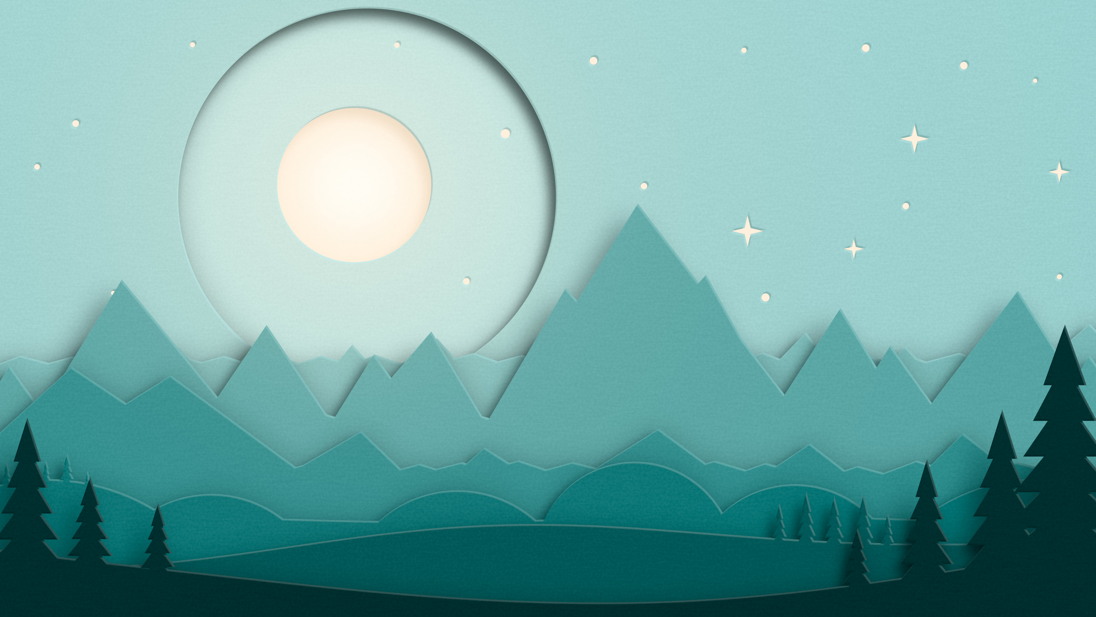 Teal 3D Paper Cut Mountains and Moon desktop wallpaper in 4K
