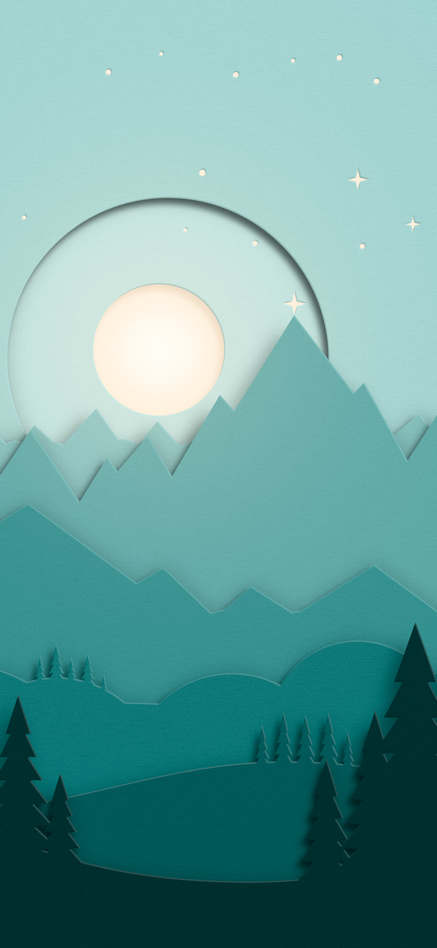 Teal 3D Paper Cut Mountains and Moon wallpaper for iPhone and Android