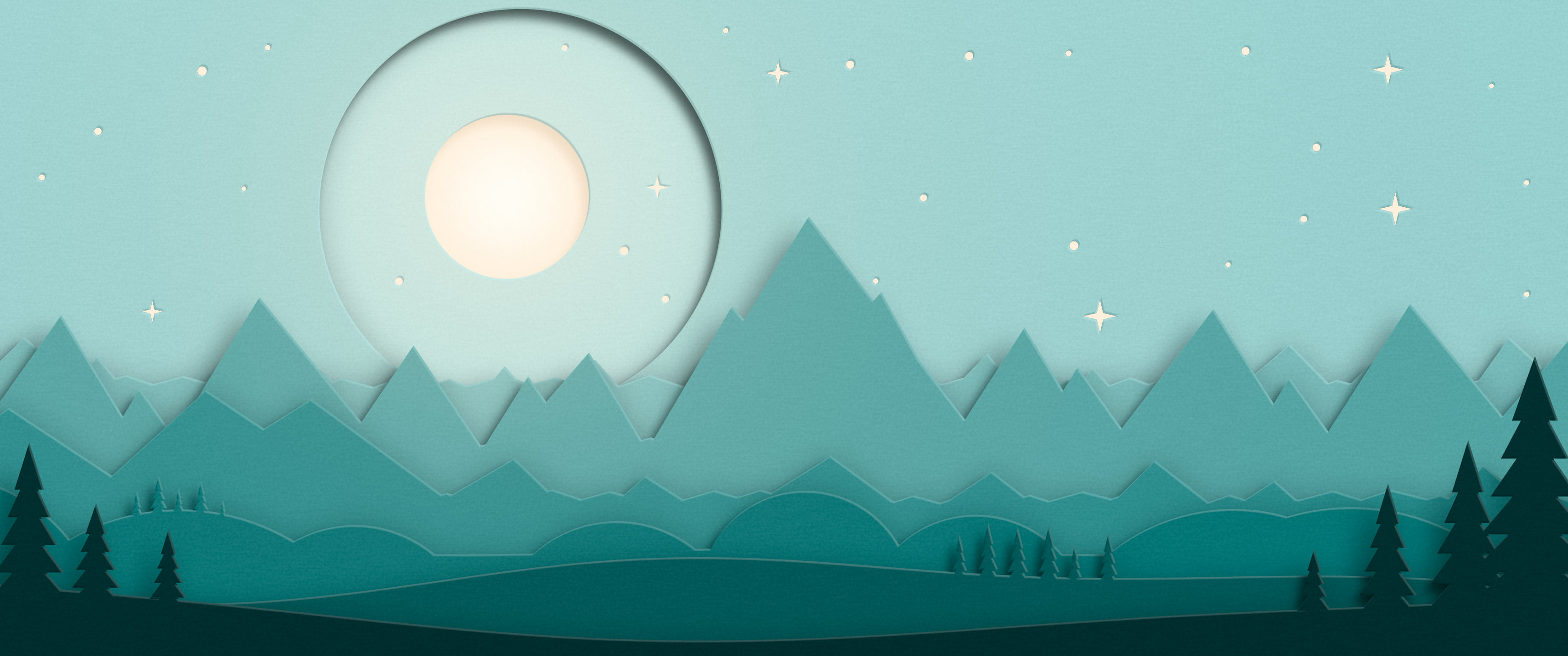 Teal 3D Paper Cut Mountains and Moon ultrawide wallpaper, 3440 × 1440