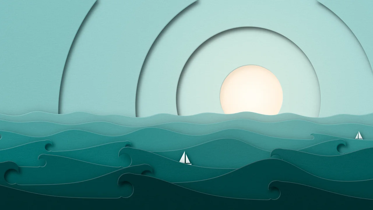 Teal 3D Paper Cut Ocean Waves desktop wallpaper in 4K