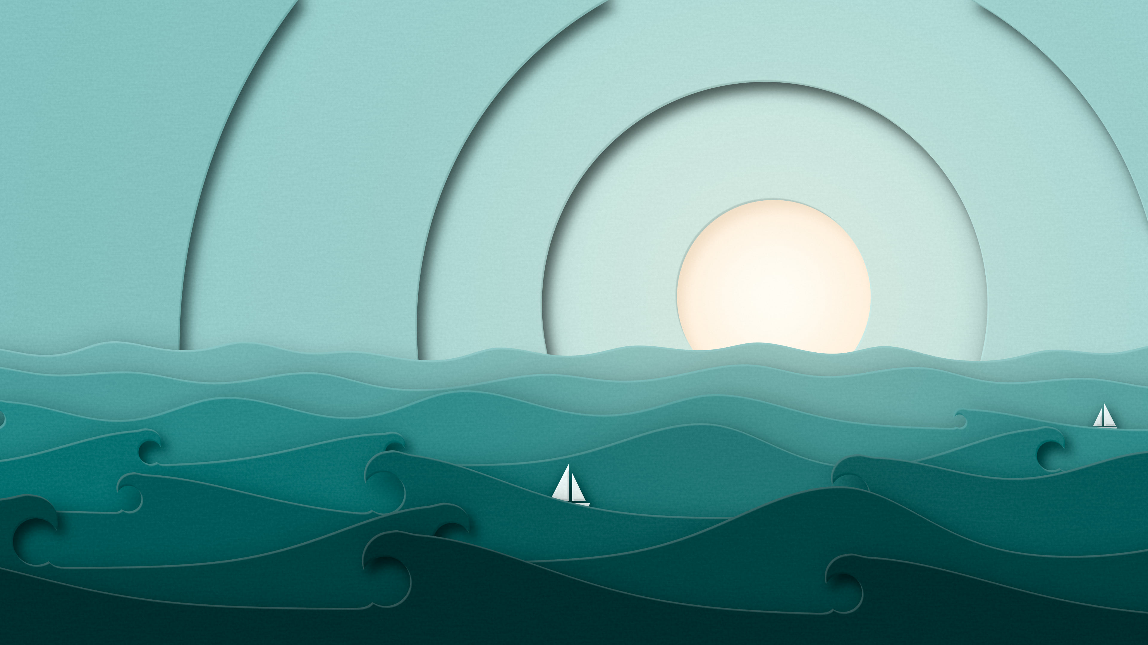 Teal 3D Paper Cut Ocean Waves desktop wallpaper in 4K