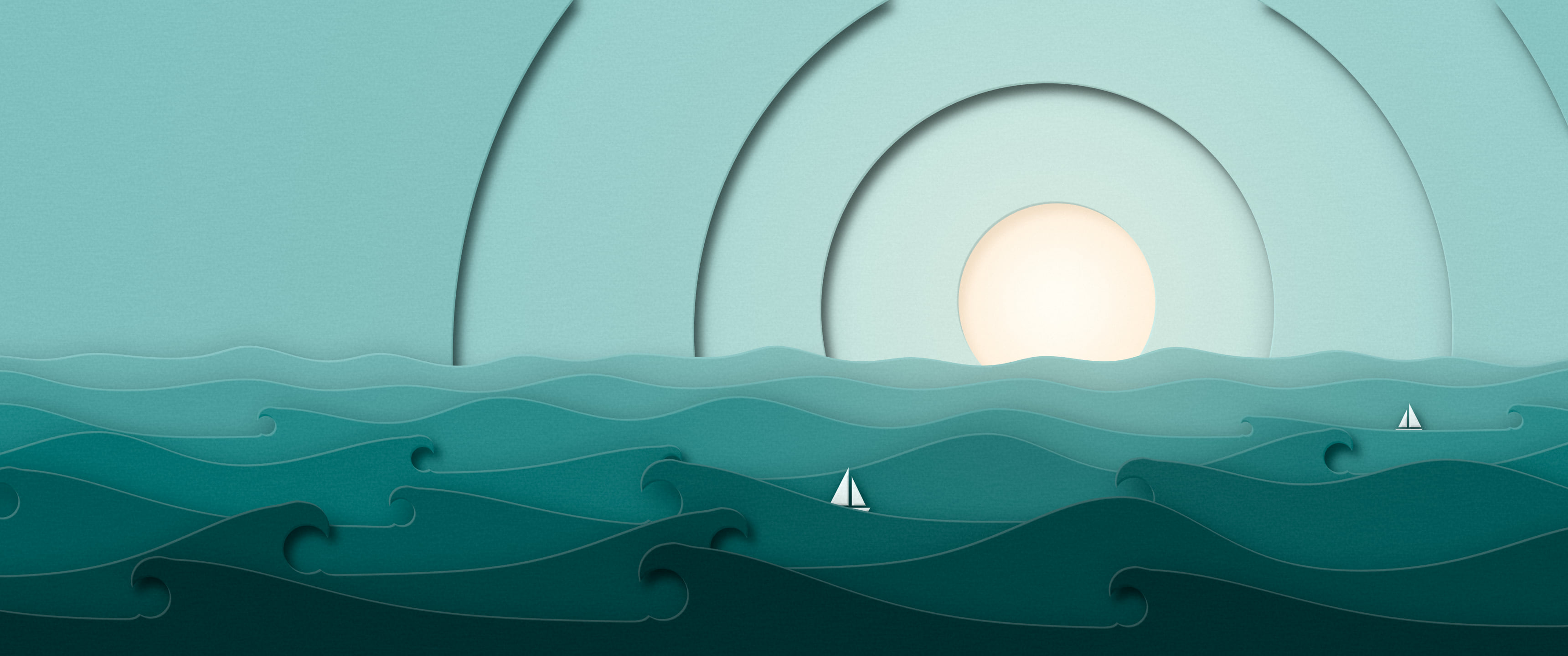 Teal 3D Paper Cut Ocean Waves ultrawide wallpaper, 3440 × 1440