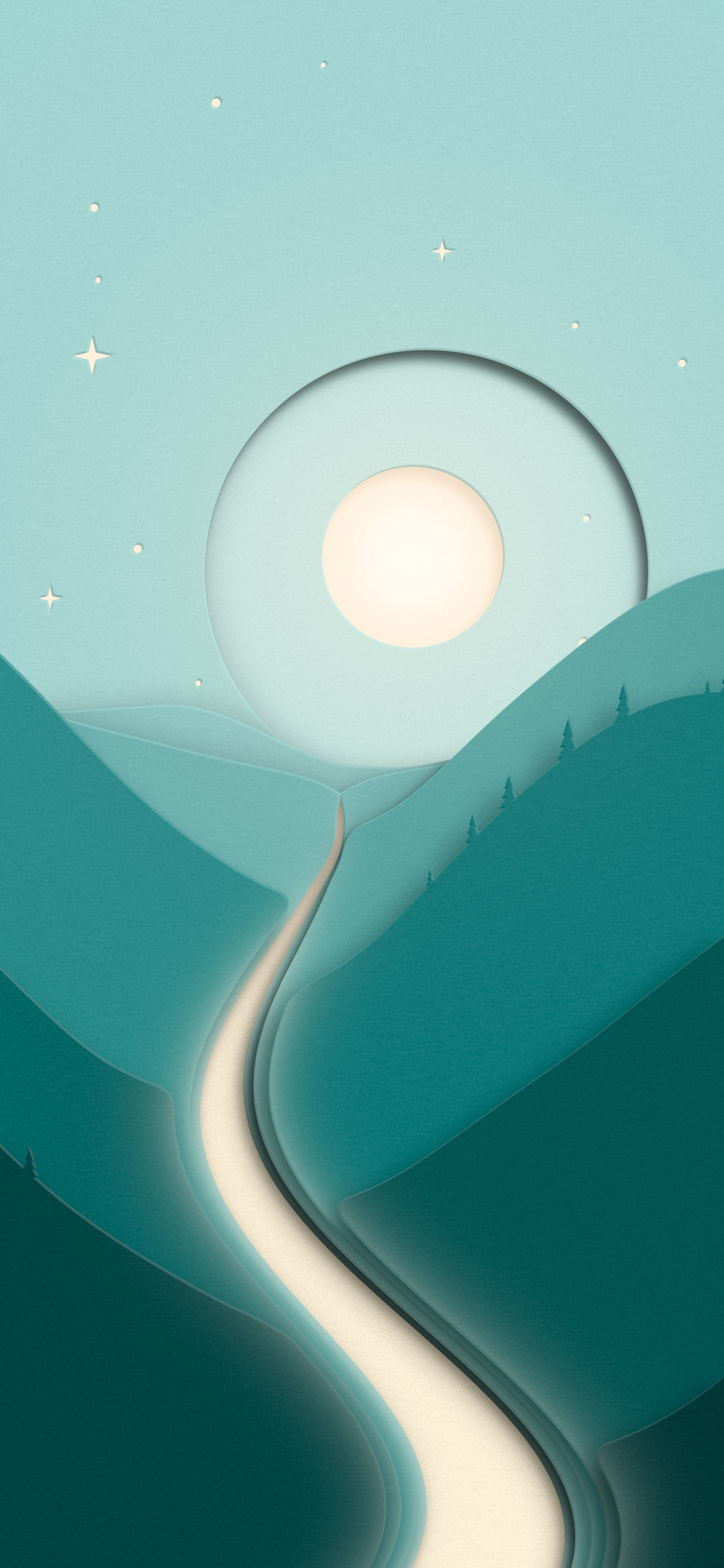 Teal 3D Paper Cut River Valley wallpaper for iPhone and Android