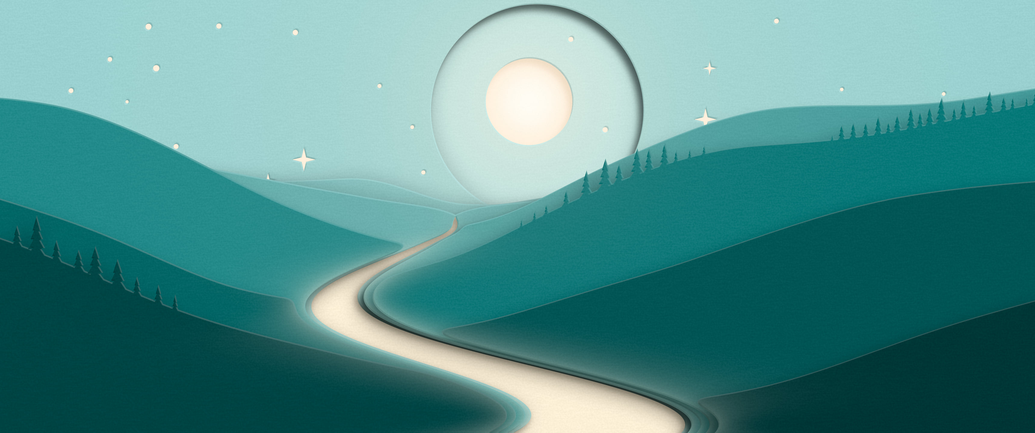 Teal 3D Paper Cut River Valley ultrawide wallpaper, 3440 × 1440