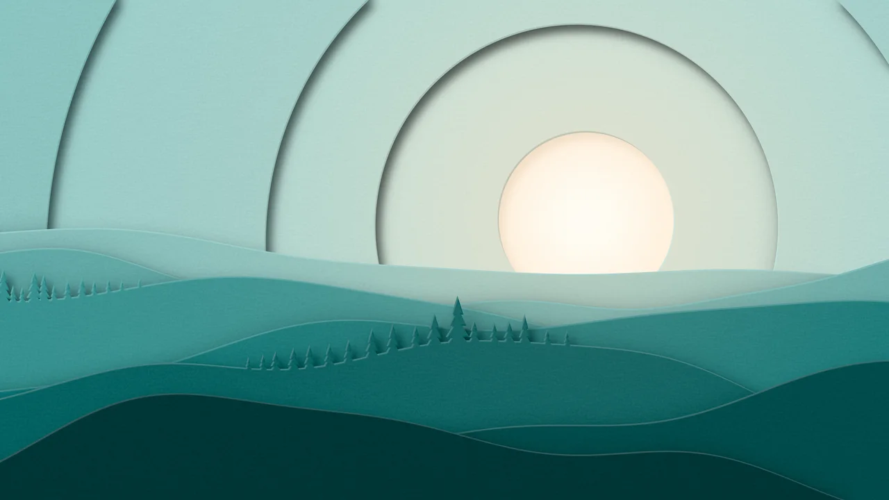 Teal 3D Paper Cut Rolling Hills desktop wallpaper in 4K