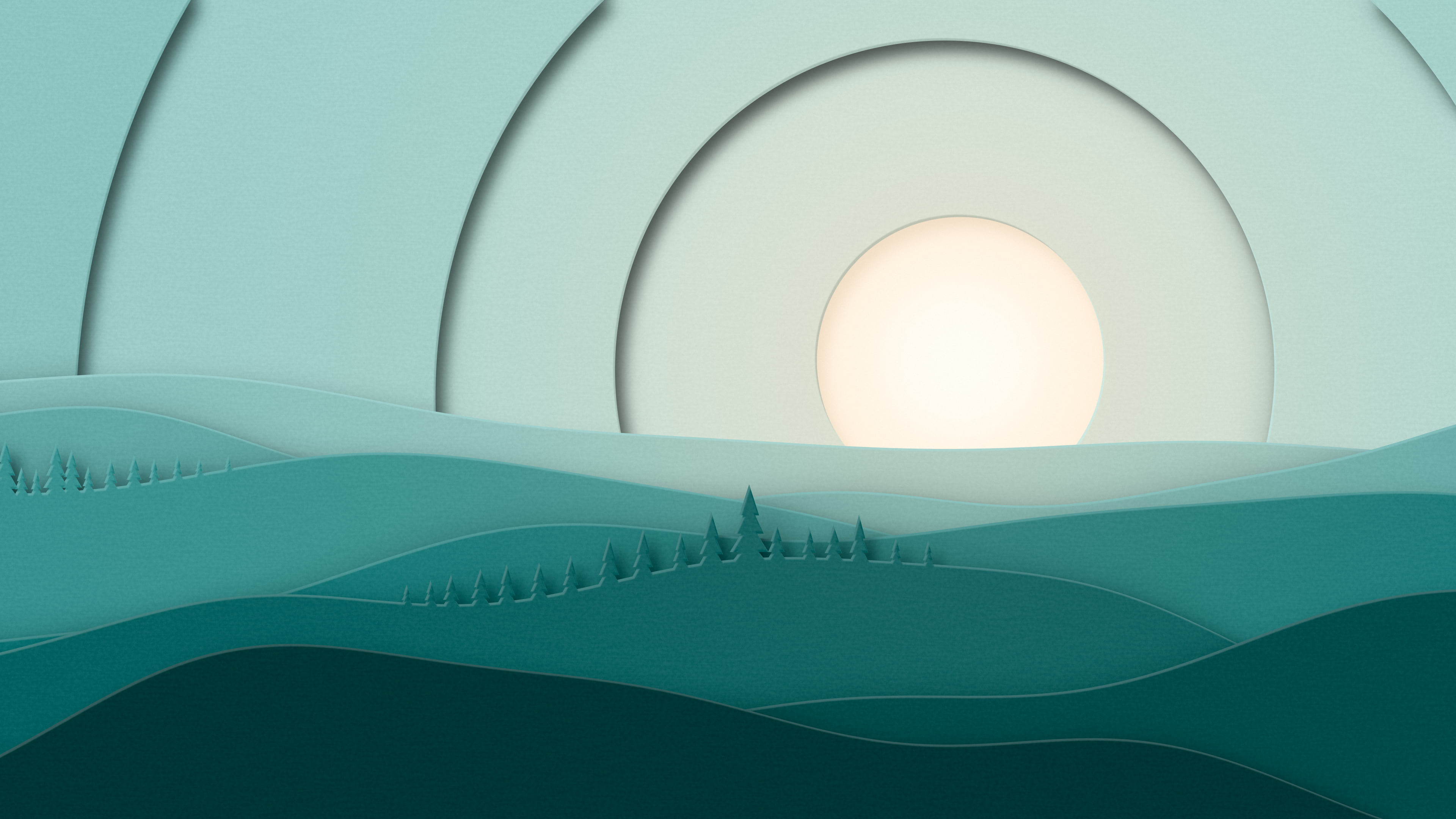 Teal 3D Paper Cut Rolling Hills desktop wallpaper in 4K