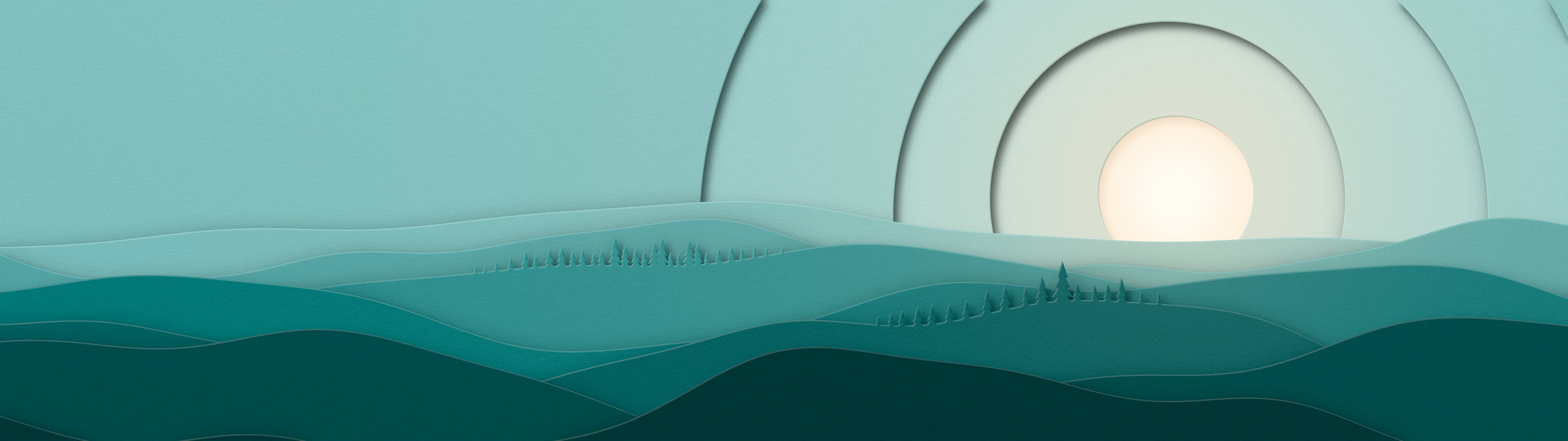 Teal 3D Paper Cut Rolling Hills dual monitor wallpaper, 7680 × 2160