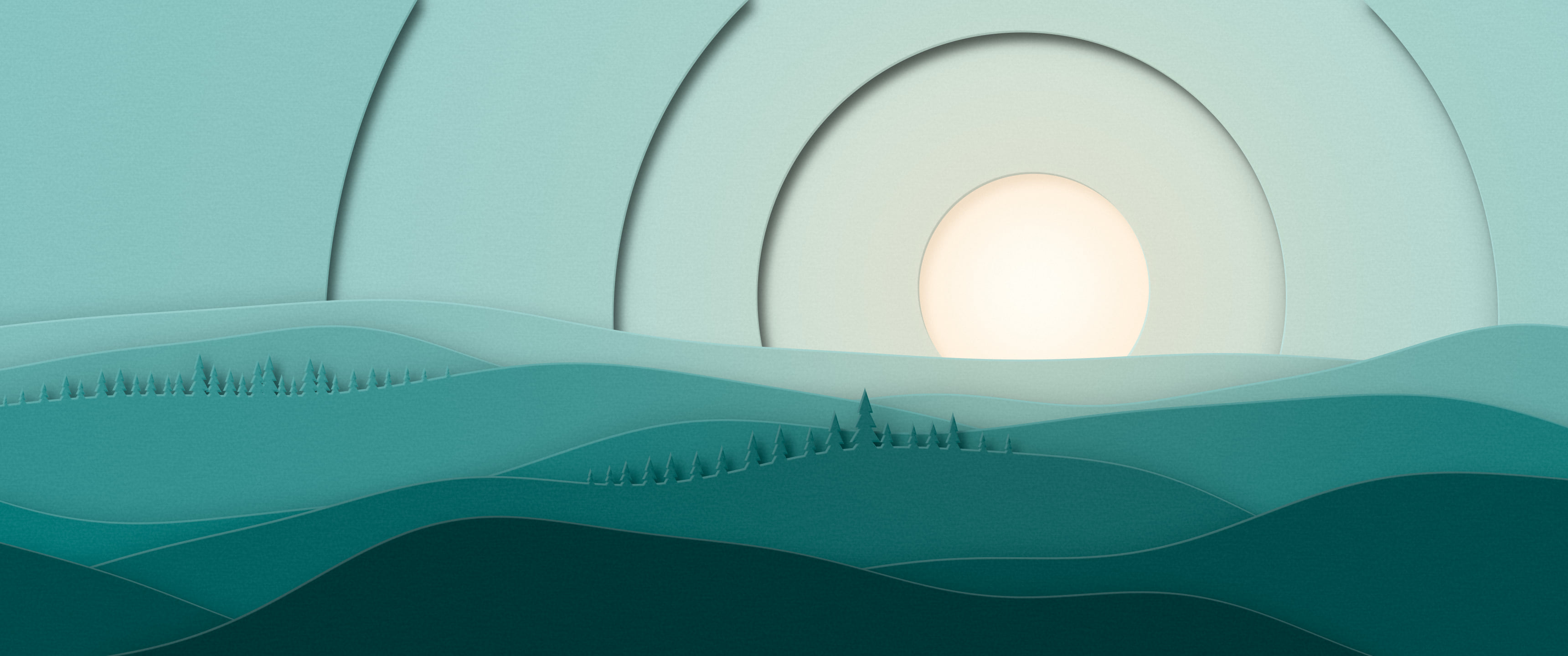 Teal 3D Paper Cut Rolling Hills ultrawide wallpaper, 3440 × 1440