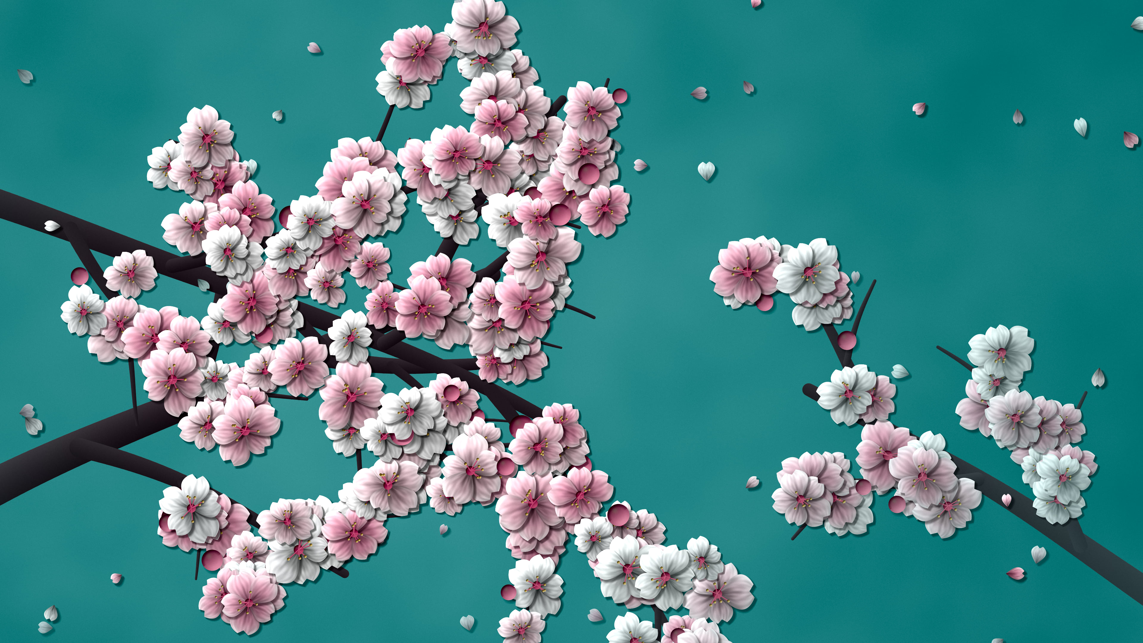 Teal Blossom Branch Pattern desktop wallpaper in 4K